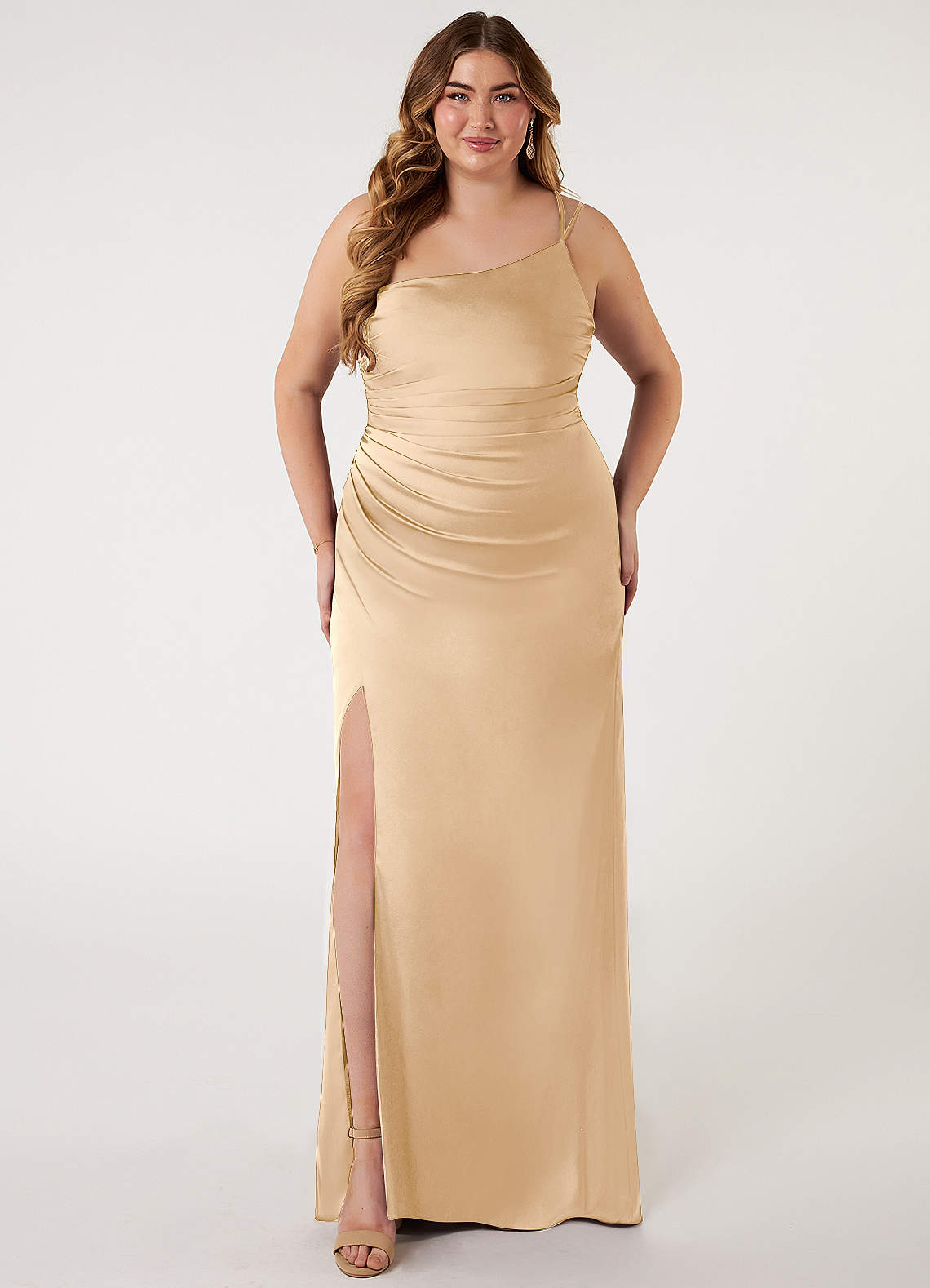Azazie Eren Vestidos de damas de honor Vestido de Champán de Satén Elástico de Corte Sirena con Hombro unilateral image1