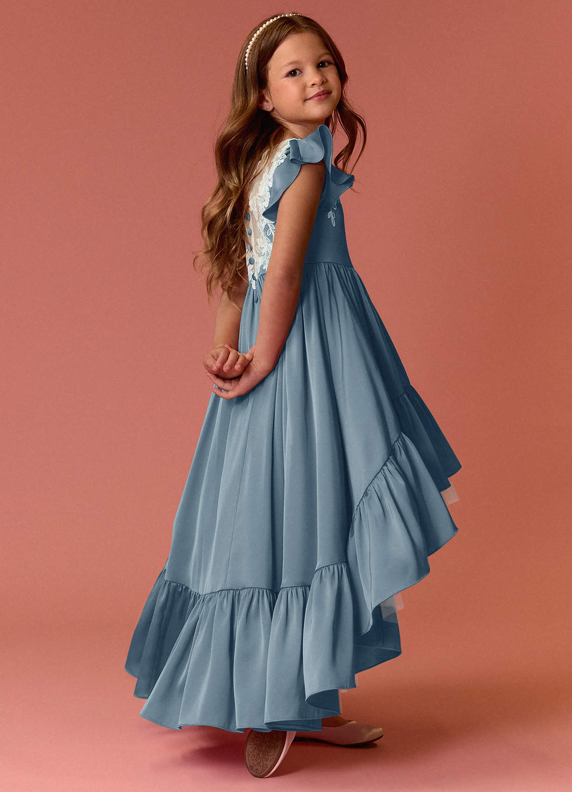 Barbie ♥ Azazie Flower Girl Dresses High Low Lace and Stretch Satin A-line Dress image4
