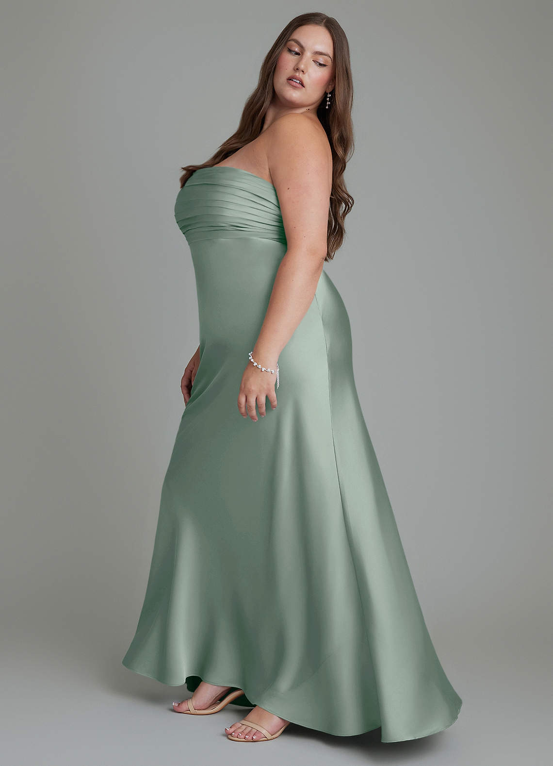 Azazie Saylor At-home Try On Dresses Agave Mermaid Strapless Stretch Satin Dress image12