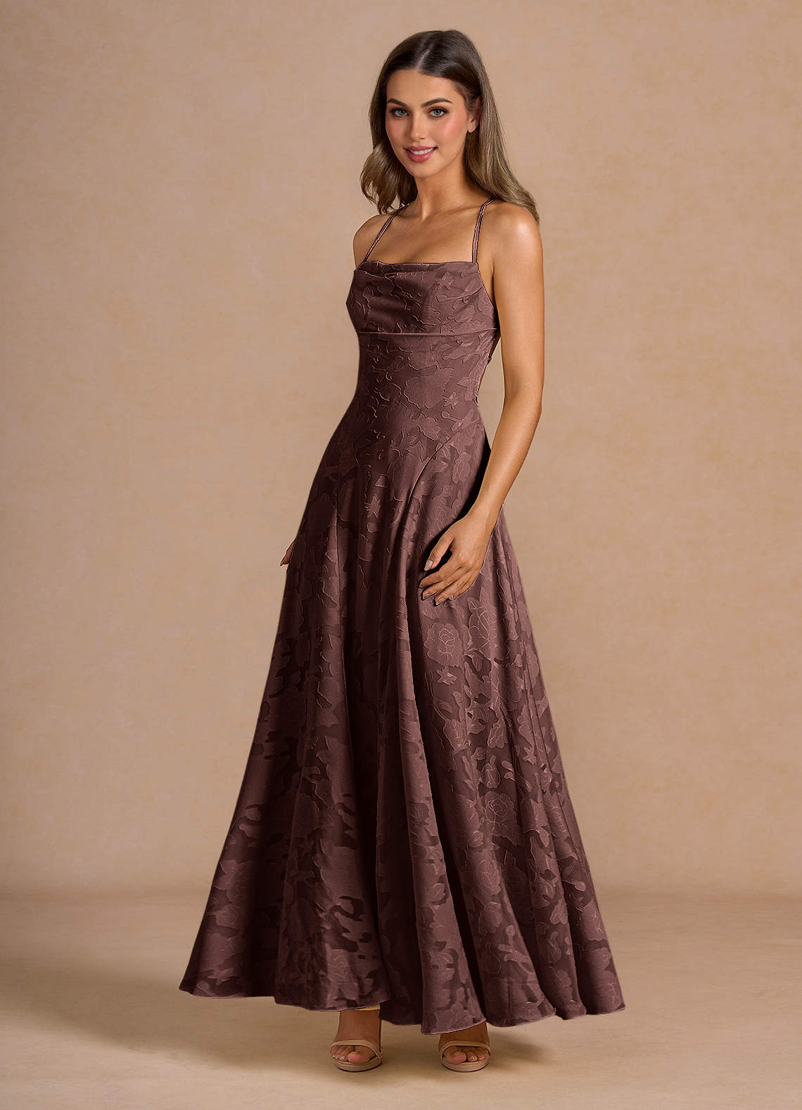 Azazie Floor-Length Maxi Dresses A-Line Wedding Guest Formal Dresses Square Mocha Coco