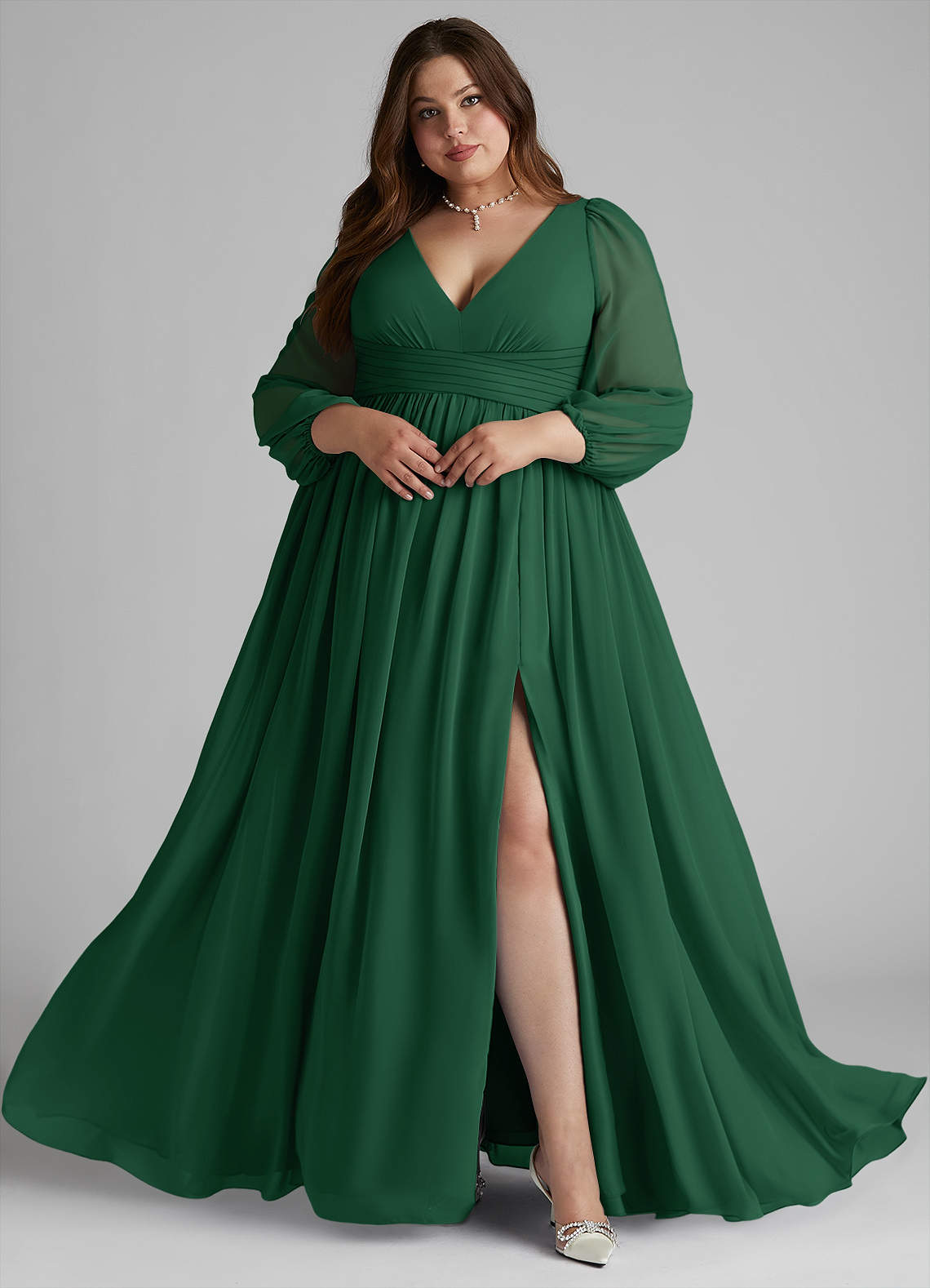 Azazie Norah Bridesmaid Dresses Dark Green A-Line V-Neck Long Sleeve Chiffon Dress image7