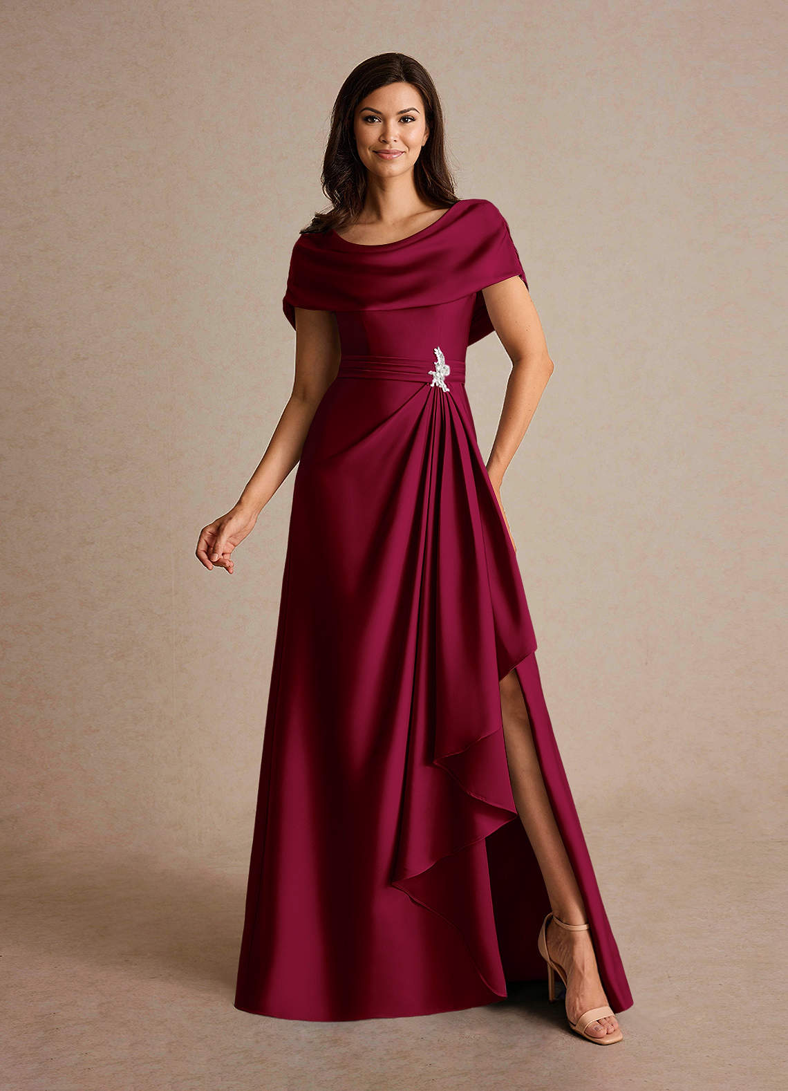 Azazie Branford Mother of the Bride Dresses Burgundy A-Line Pleated Stretch Satin Dress image1