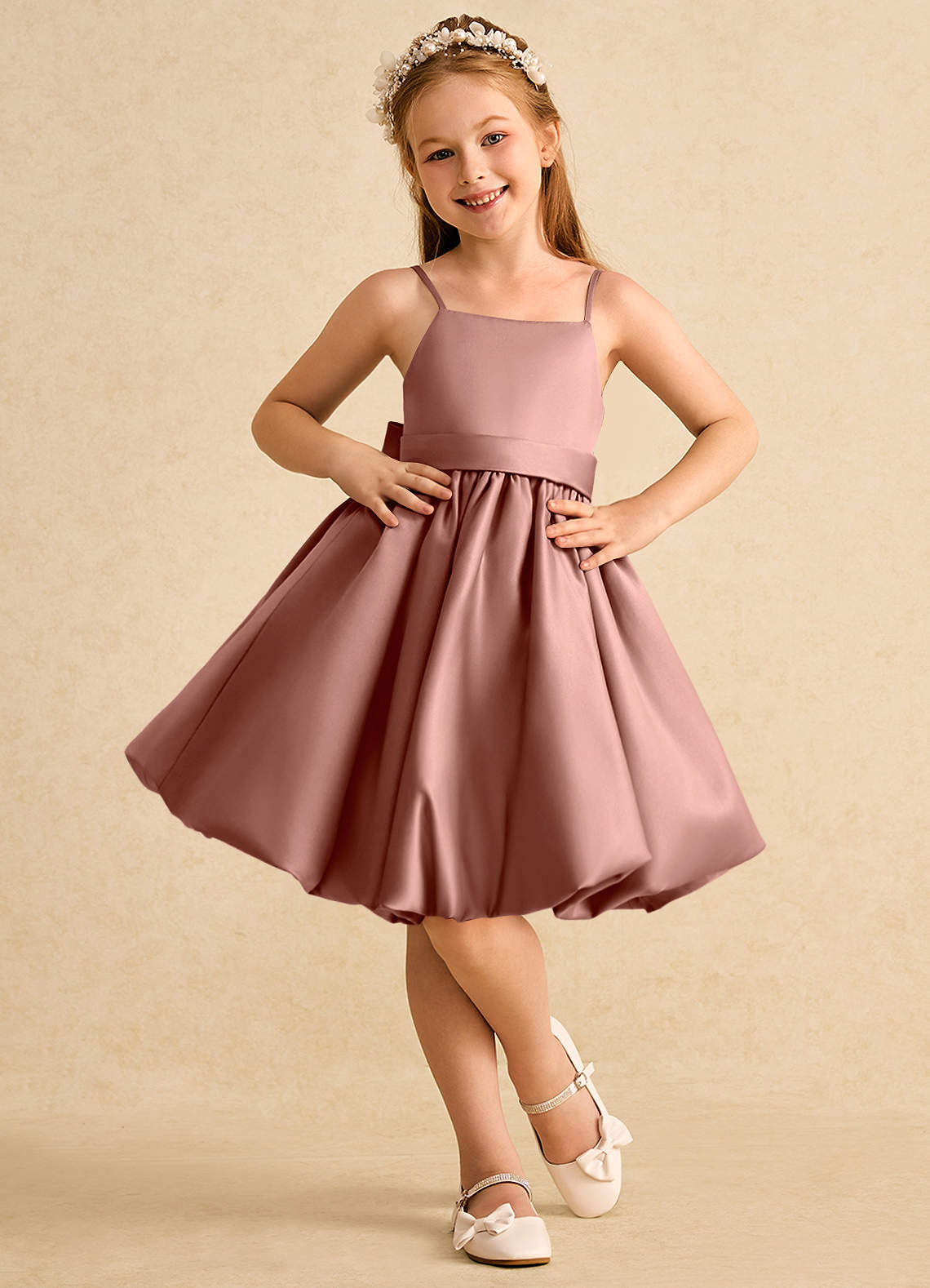 Azazie Davine vestidos de niña de las flores Vestido de Rosa De Cedro de Satin Mate de Corte En A con Tirante Espagueti image2