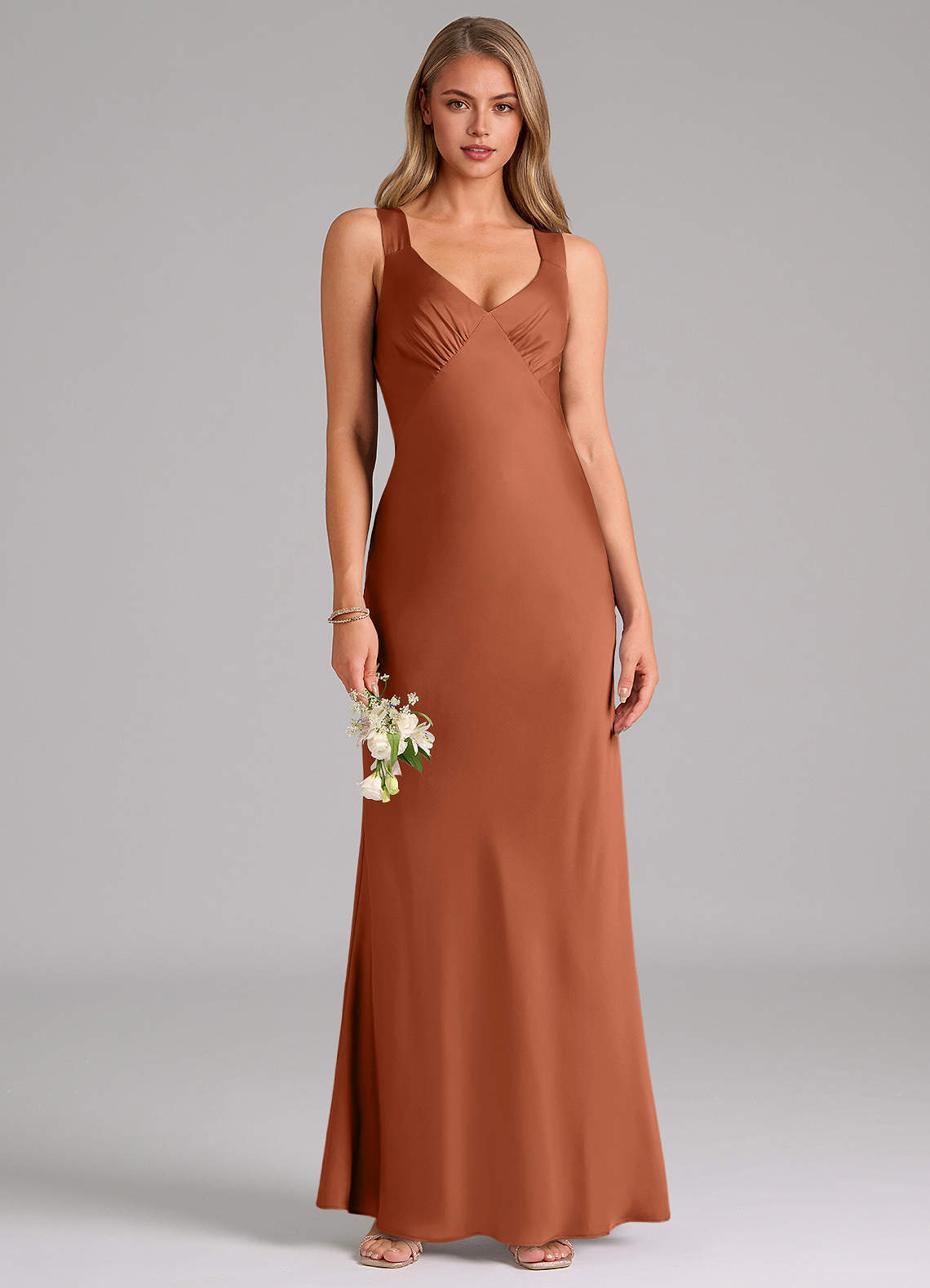 Azazie Kamila Bridesmaid Dresses Cedar Rose A-Line Pleated Stretch Satin Dress image1