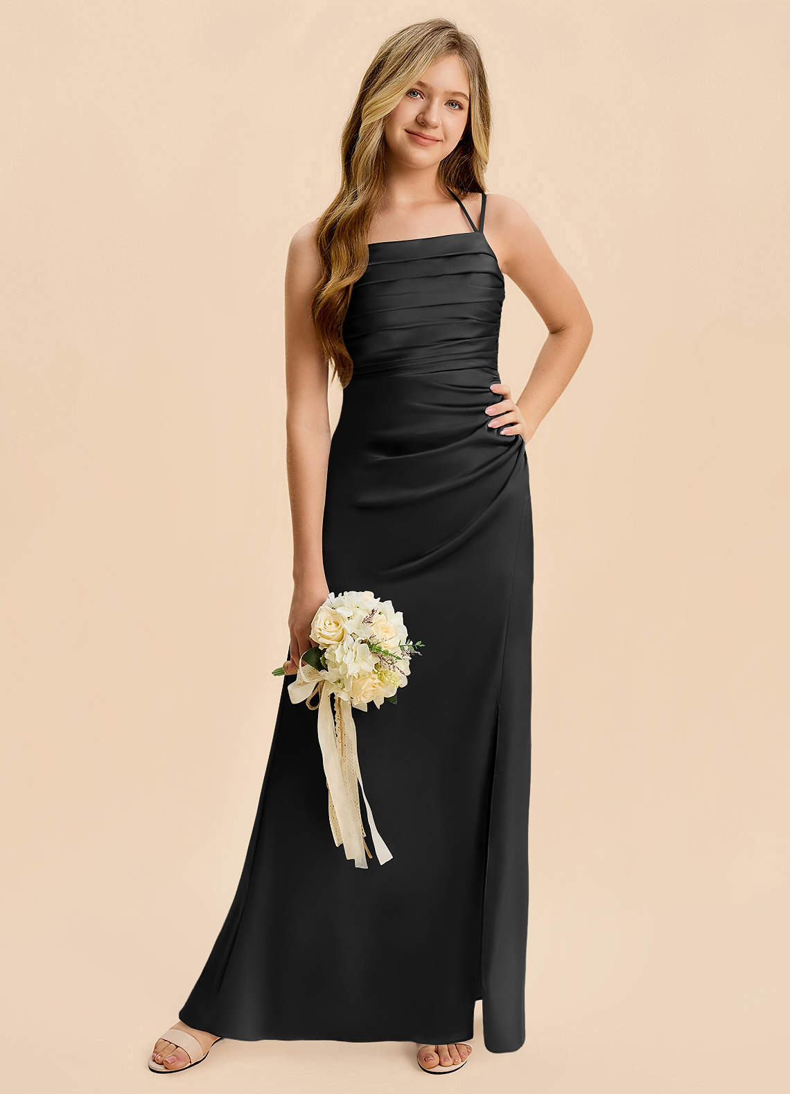 Azazie Nova Junior Black A-Line Pleated Stretch Satin Dress image4