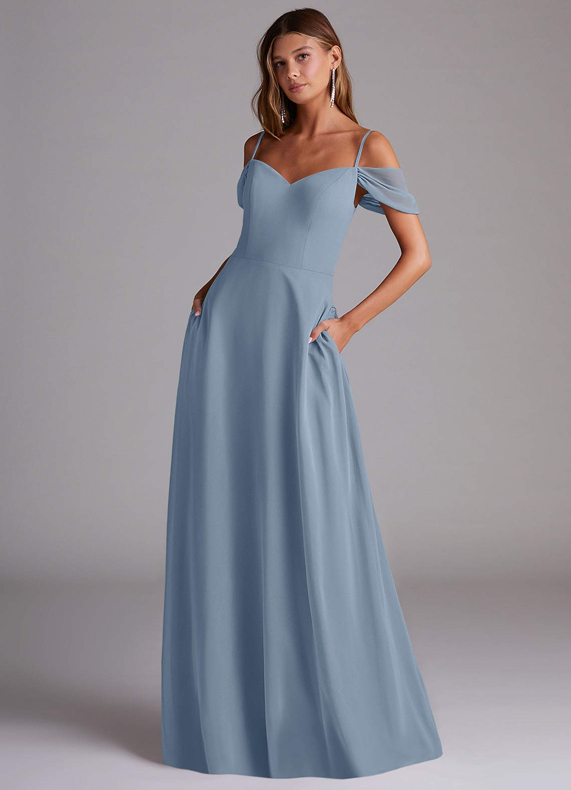 Azazie Marley Bridesmaid Dresses Dusty Blue A-Line Off the Shoulder Chiffon Convertible Dress image1