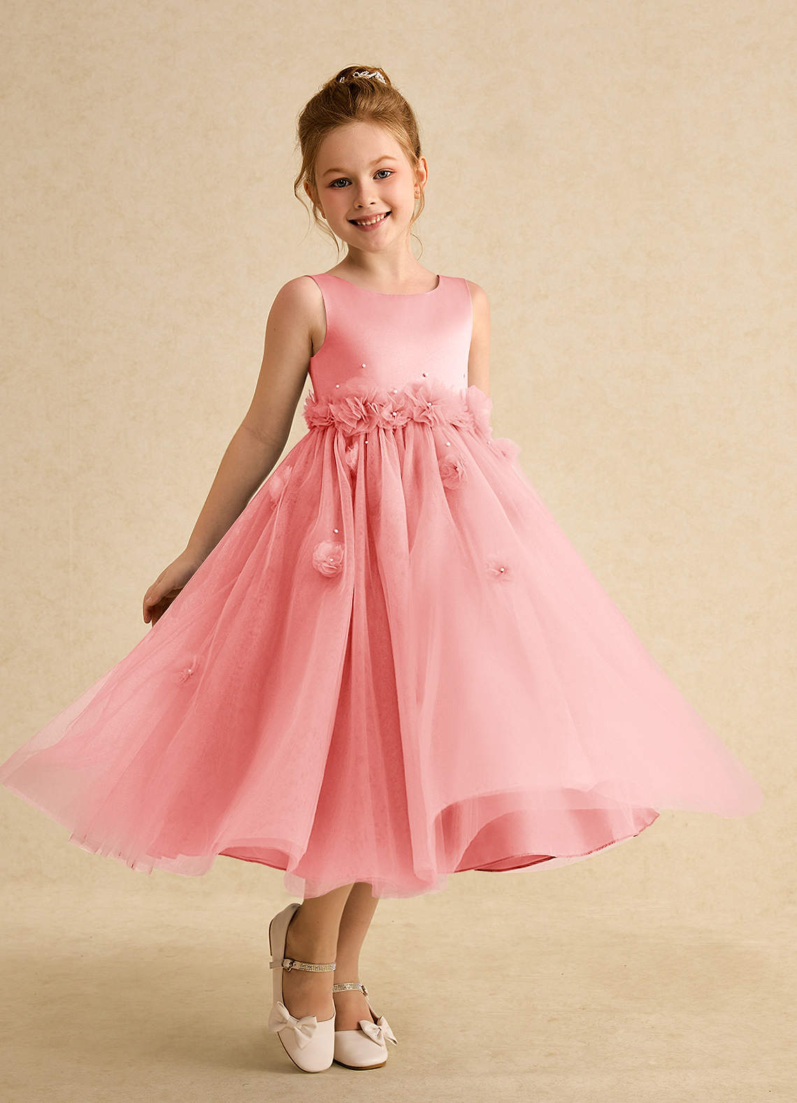 Azazie Lux Flower Girl Dresses Coral A-Line Beaded Tulle Dress image1