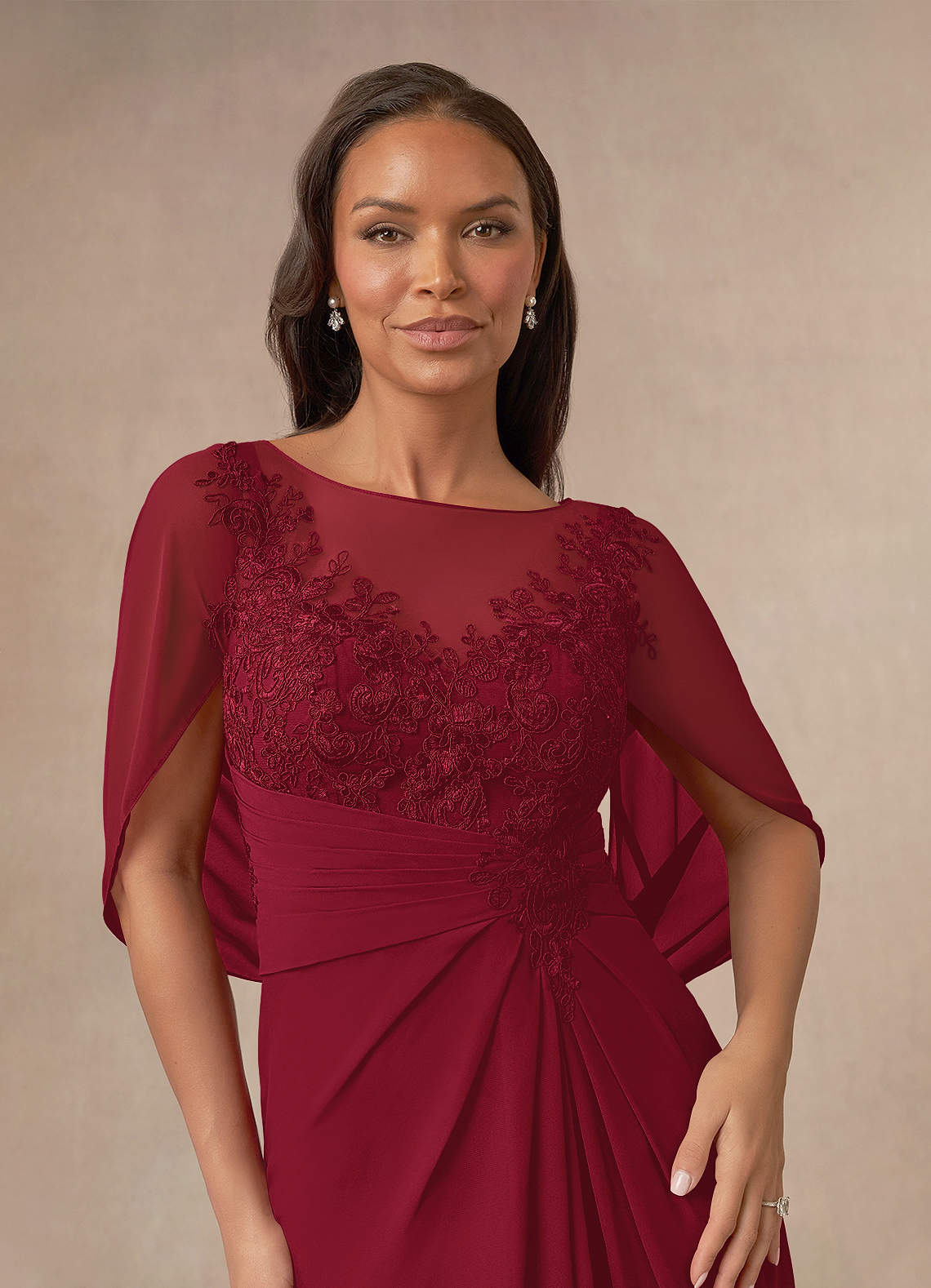 Azazie Hera Mother of the Bride Dresses Burgundy A-Line Lace Capelet Chiffon Dress image4