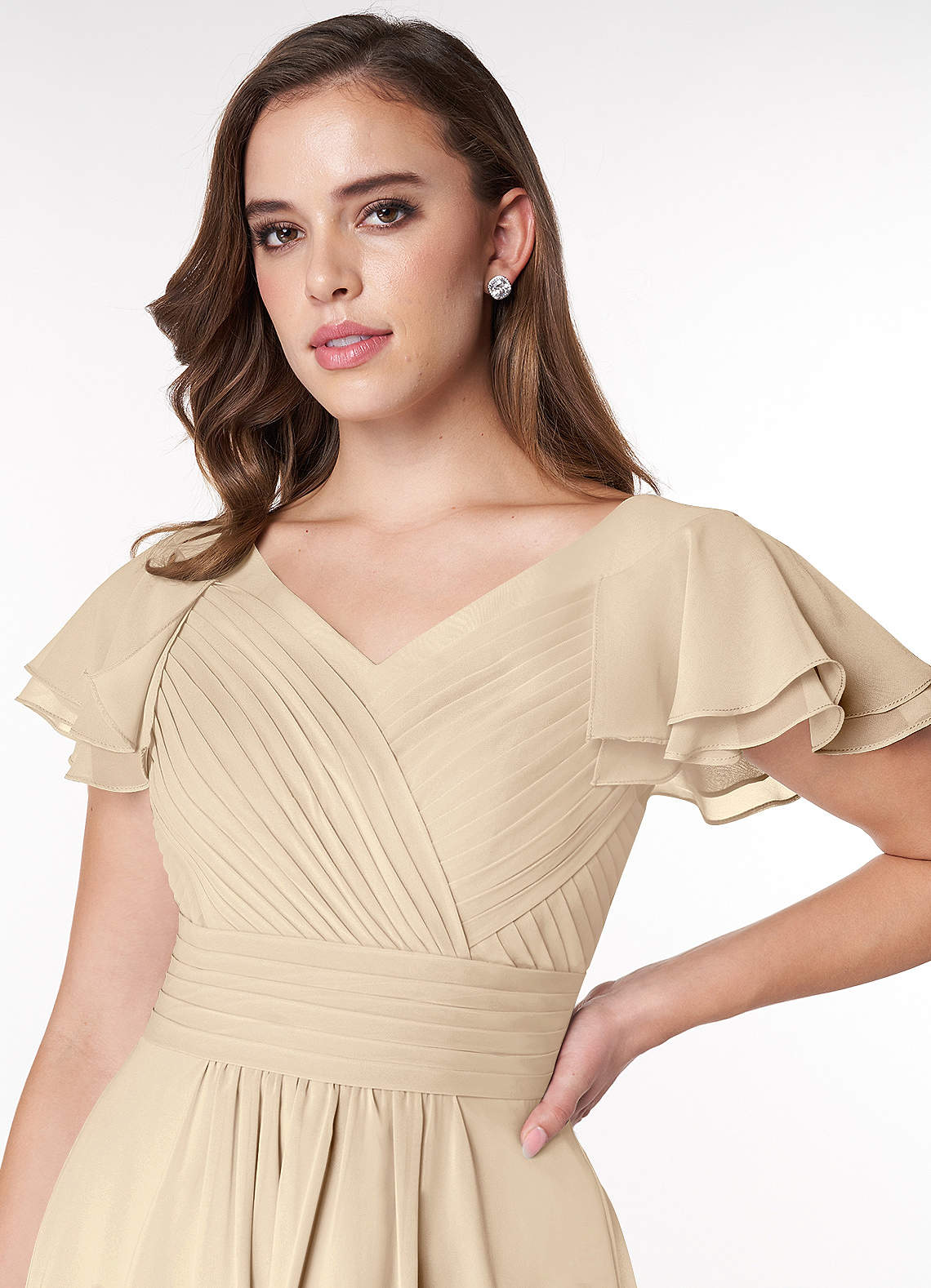 Champagne Azazie Hadley Modest Bridesmaid Dresses | Azazie