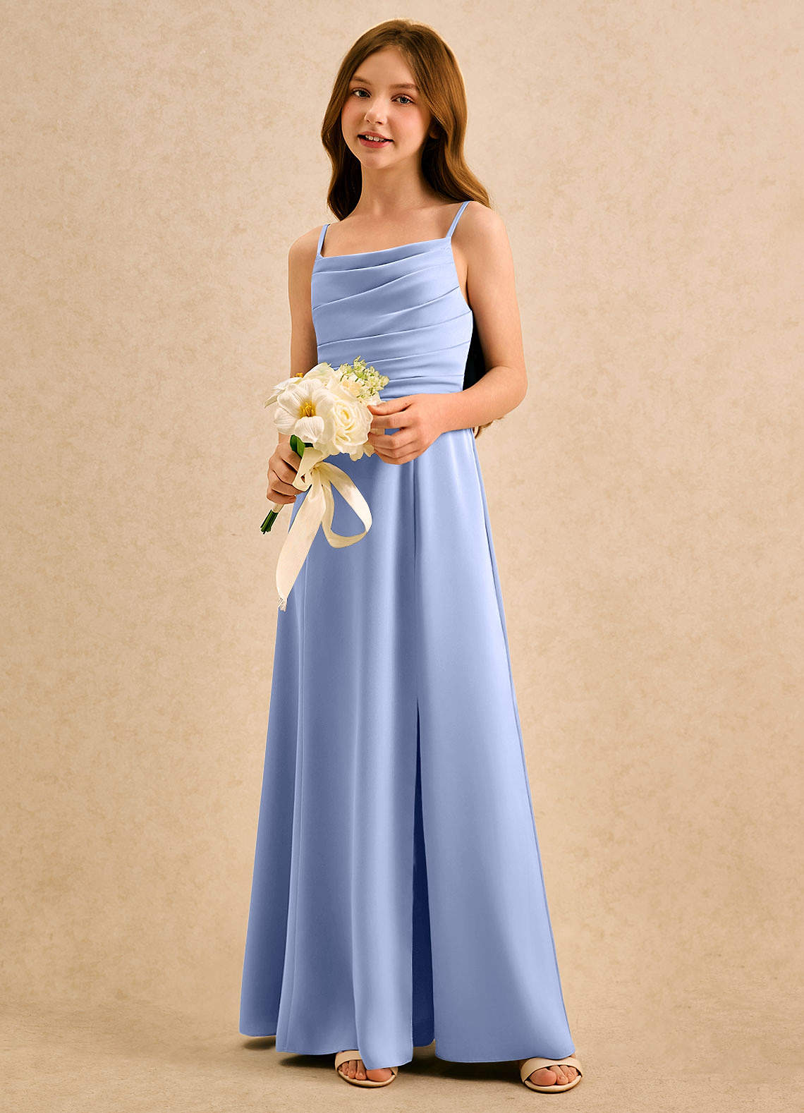 Azazie Chamomile Girls Formal Sukienki dla dziewczynek sypiących kwiaty Linia A Pofałdowany Satyna elastyczna Długość podłogi Sukienka image2