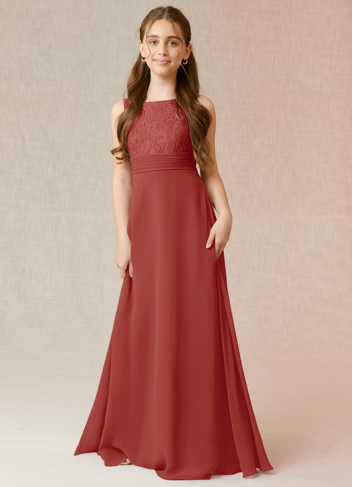 Azazie Snow Junior A-Linie Spitze Chiffon Kleid Terrakotta image1