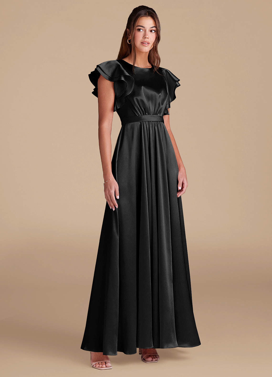 Azazie Daphne Modest Bridesmaid Dresses A-Line Ruched Metallic Satin Floor-Length Dress image3