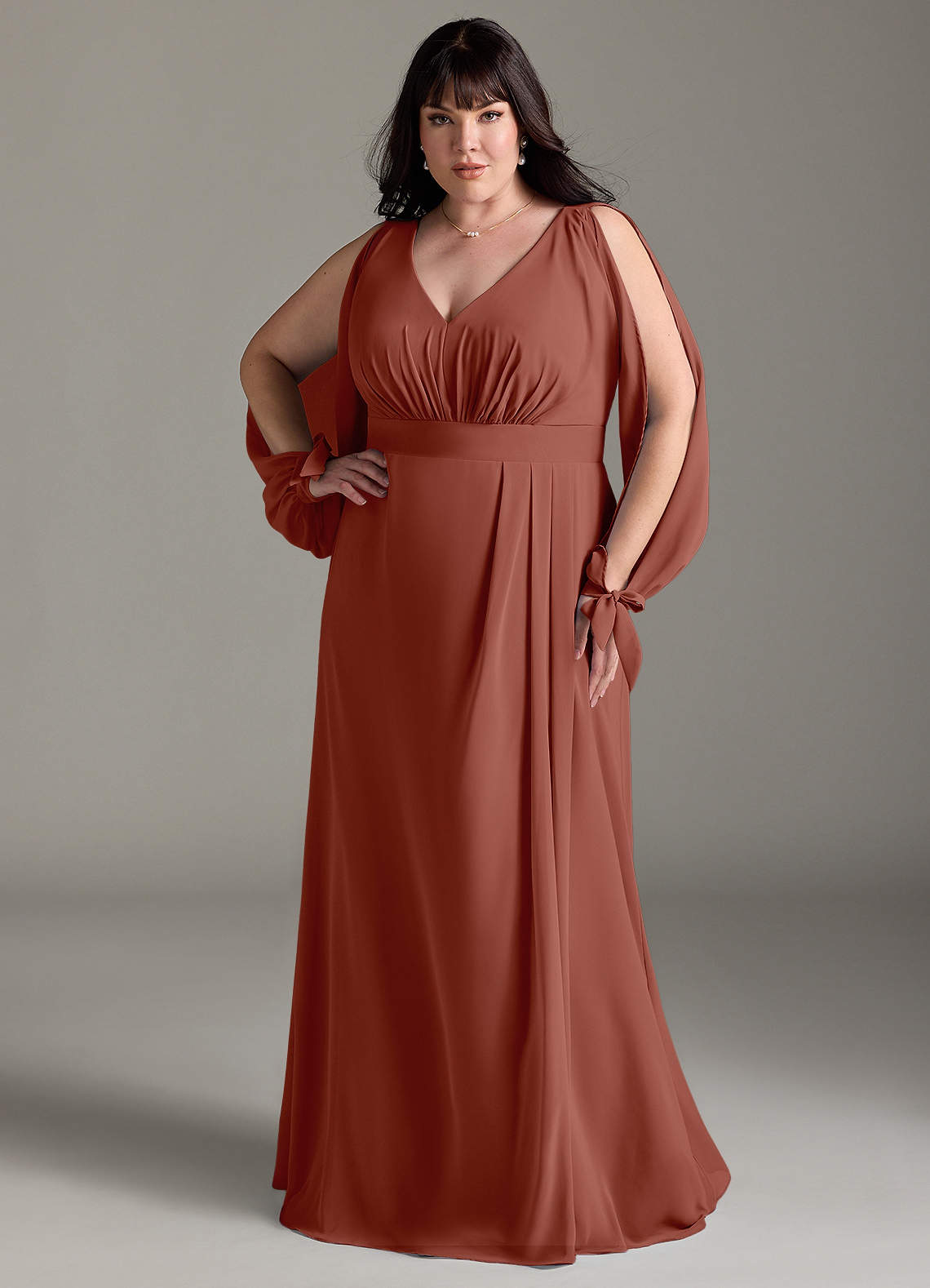 Azazie Matilda Brautjungfernkleider A-Linie Langarm Chiffon Kleid Rotbraun image1