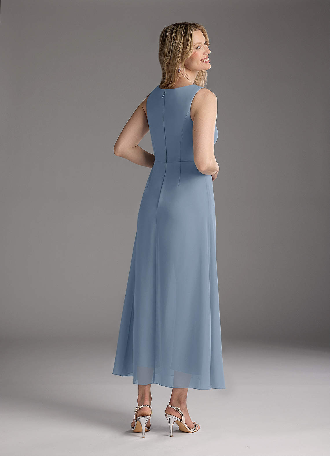 Azazie Anitta At-home Try On Dresses Dusty Blue Jumpsuit/Pantsuit Pleated Stretch Crepe Dress image4