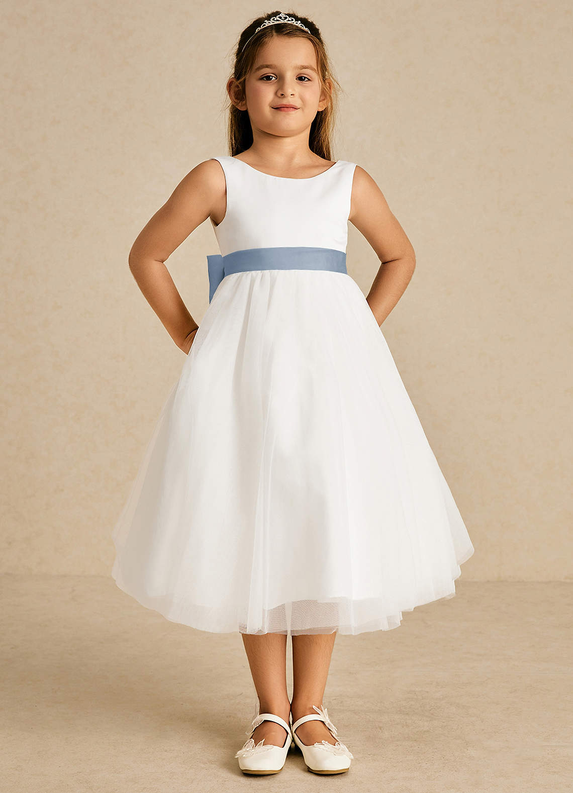 Azazie Kavi Flower Girl Dresses Ivory Dusty Blue A-Line Bow Matte Satin Dress image1