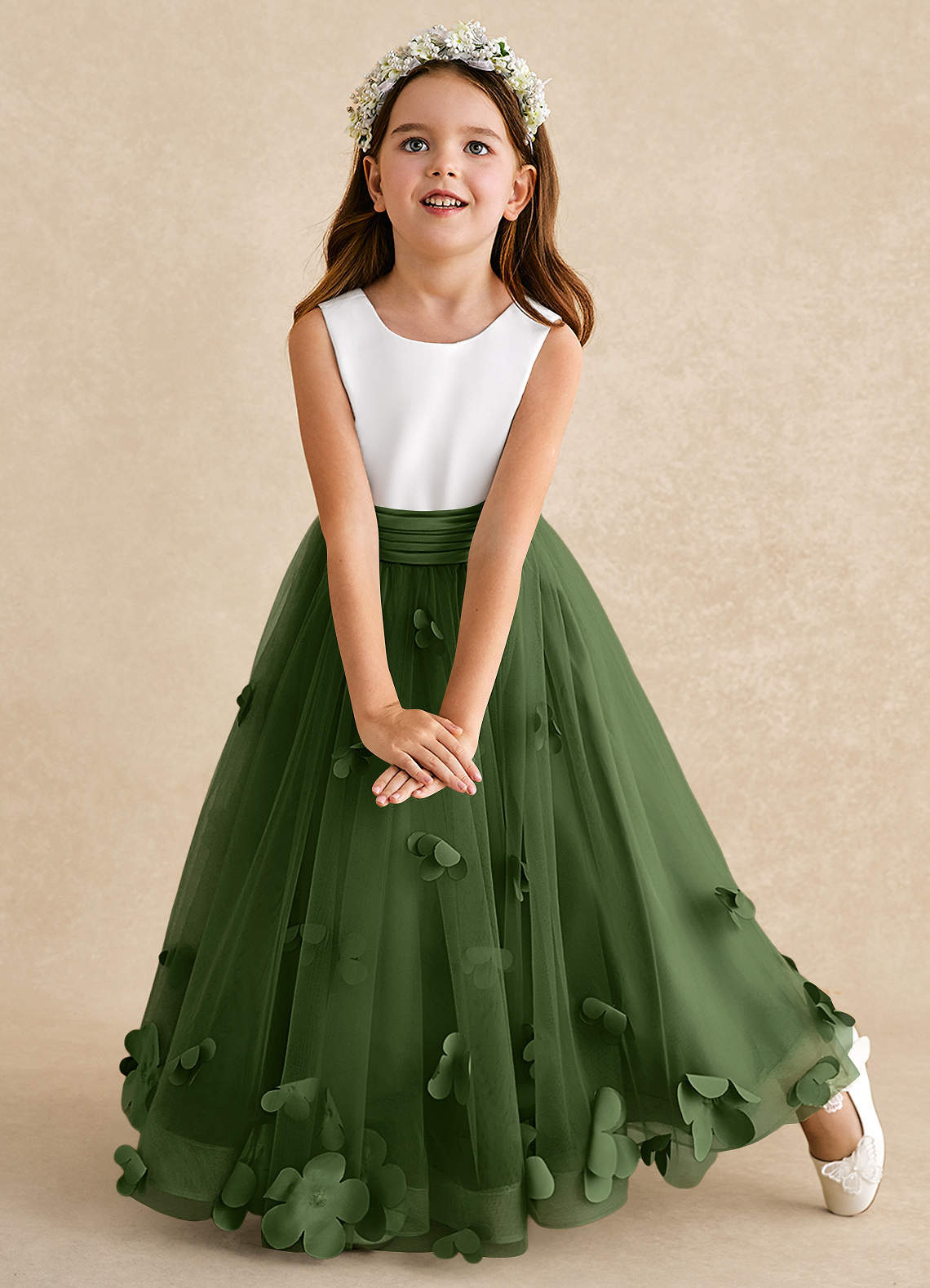 Azazie Vi Flower Girl Dresses Olive A-Line Sleeveless Tulle Dress image5