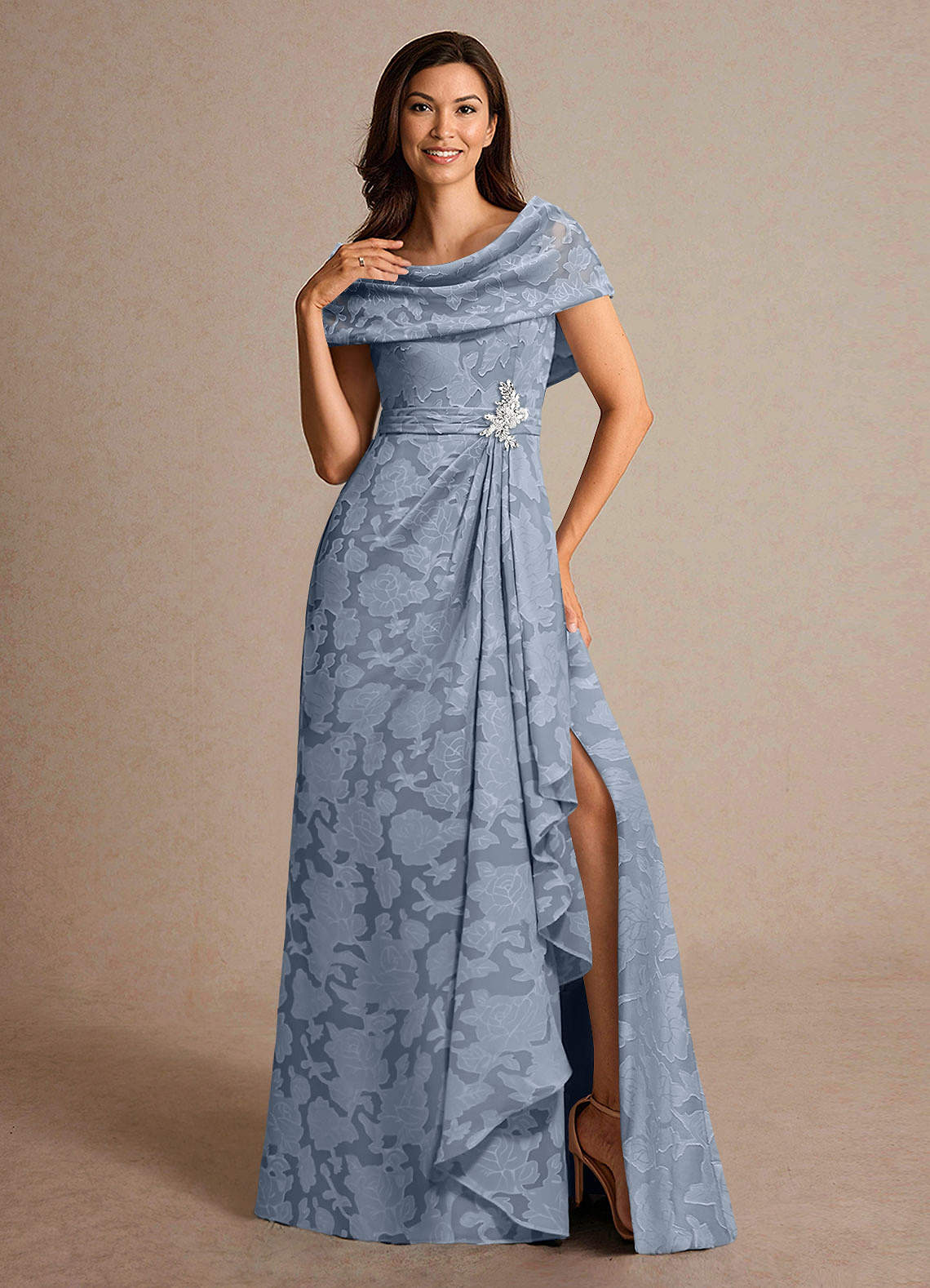Azazie Branford Mother of the Bride Dresses Dusty Blue A-Line Pleated Floral Burnout Dress image4