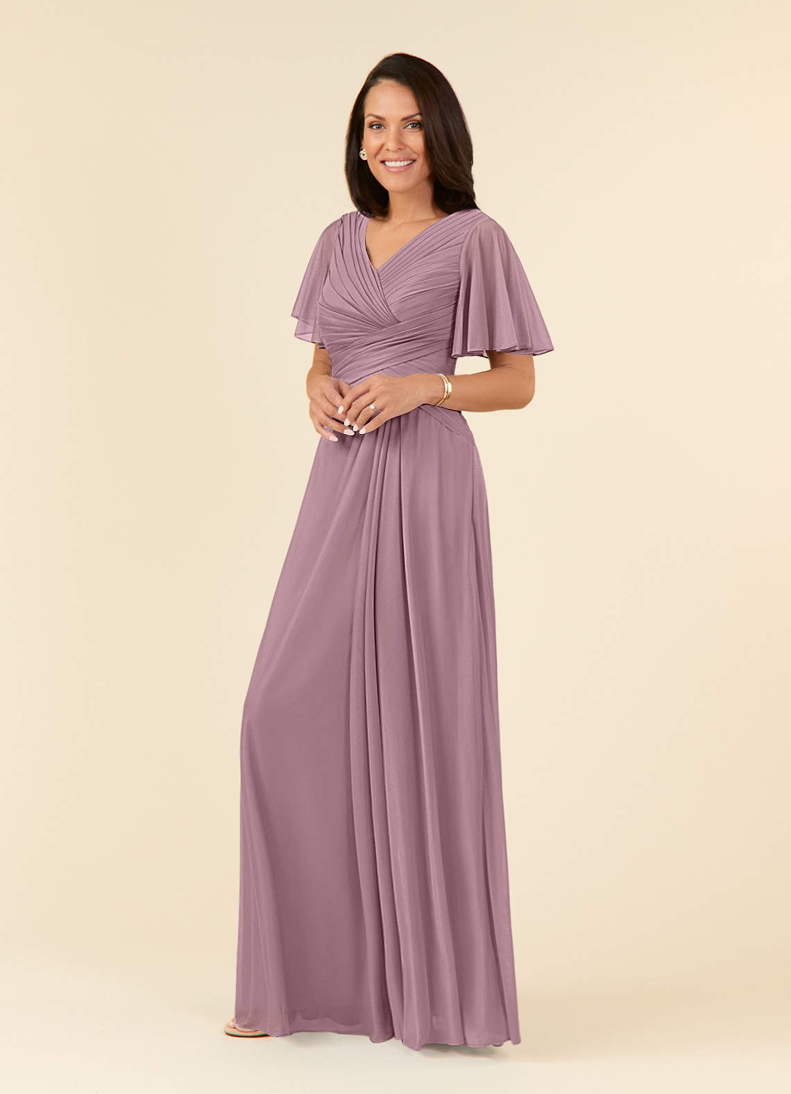 Azazie Emmeline Mother of the Bride Dresses Dusty Rose A-Line V-Neck Pleated Mesh Dress image2