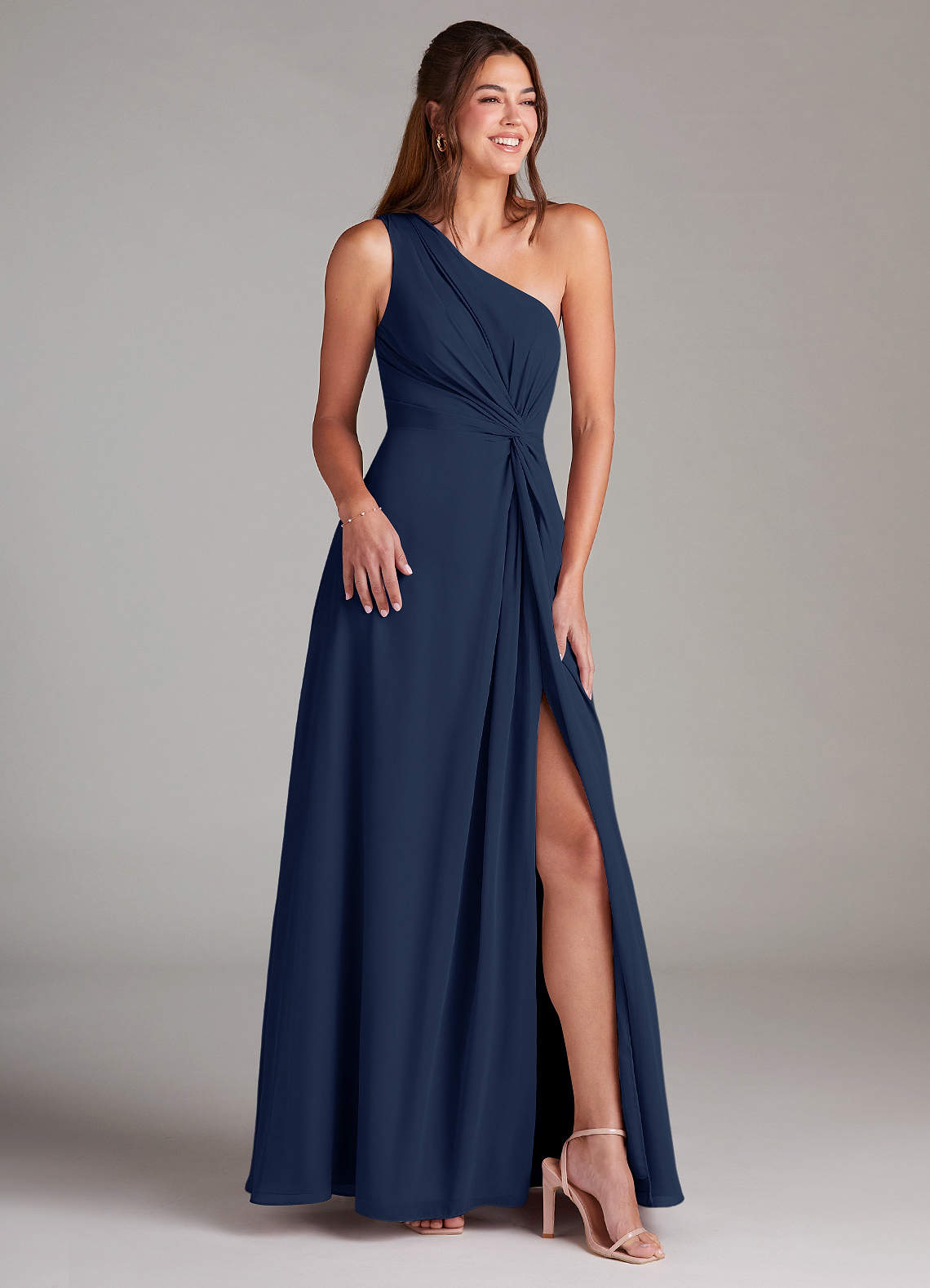 Azazie Brooke Bridesmaid Dresses Dark Navy A-Line One Shoulder Chiffon Dress image3