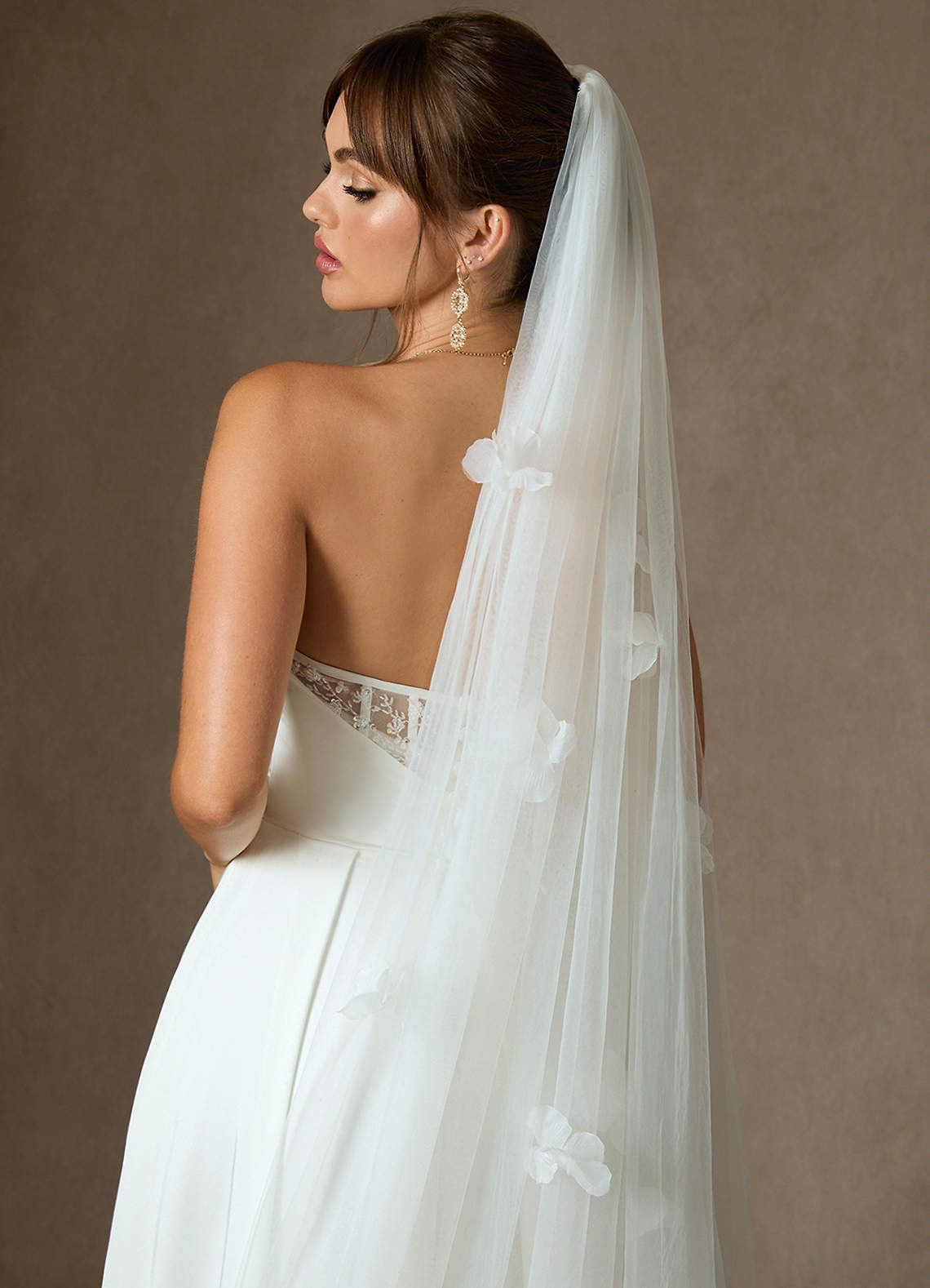 front Scattered 3D Flowers Cathedral Length Veil