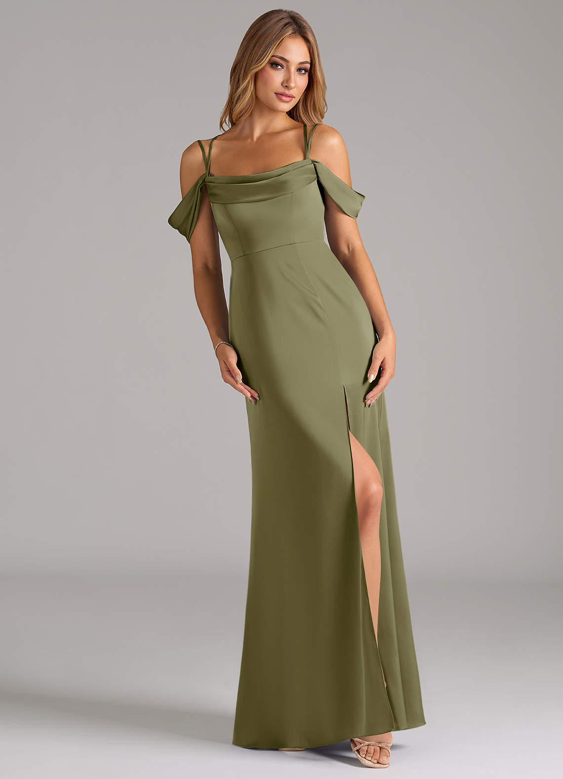 Azazie Callan Bridesmaid Dresses Pistachio A-Line Pleated Stretch Satin Convertible Dress image1