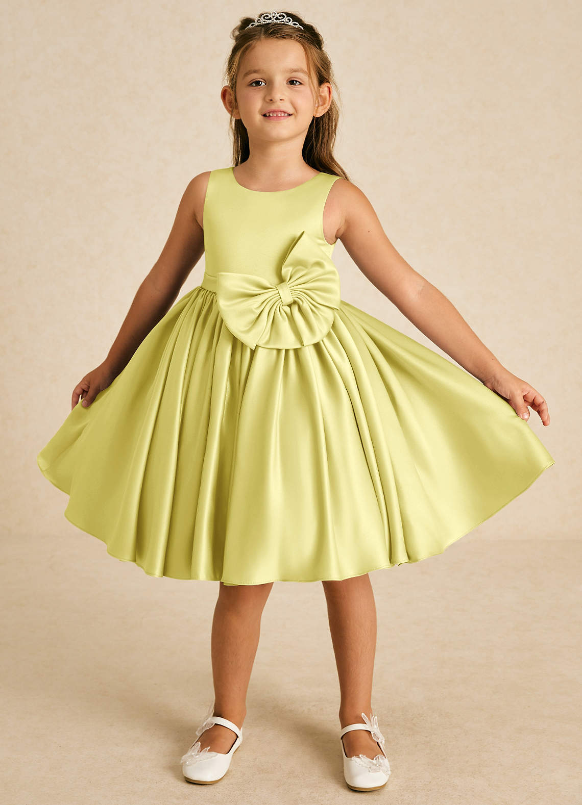 Azazie Apple Flower Girl Dresses Lemon Sorbet A-Line Bow Matte Satin Dress image1