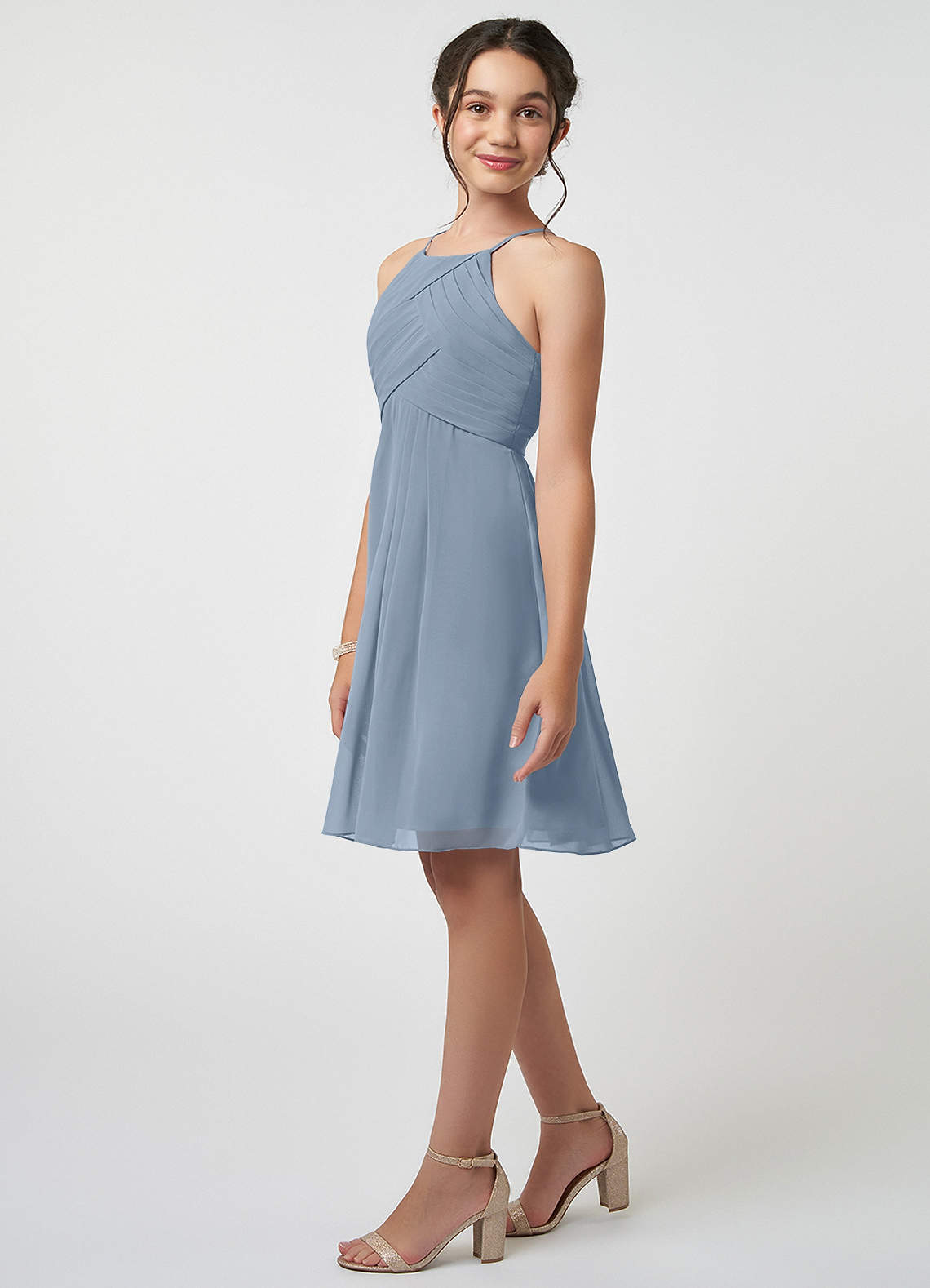 Azazie Ginny Junior Dusty Blue A-Line Pleated Chiffon Dress image2