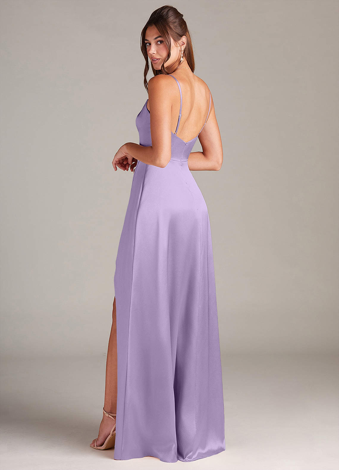 Azazie Sarella Bridesmaid Dresses Lilac A-Line with Pockets Metallic Satin Dress image3