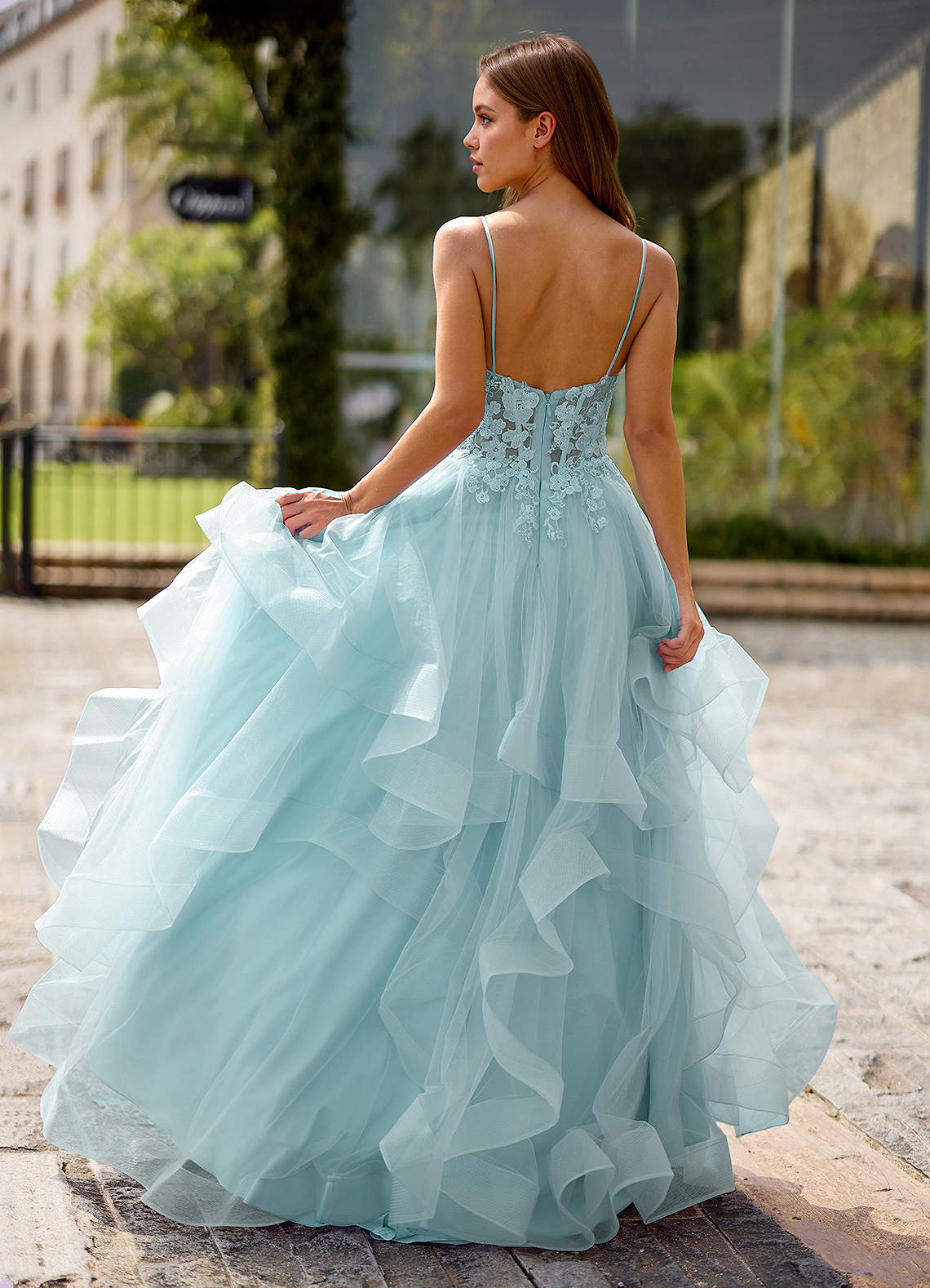 Spitze Blue Sheer Lace Prom Dress