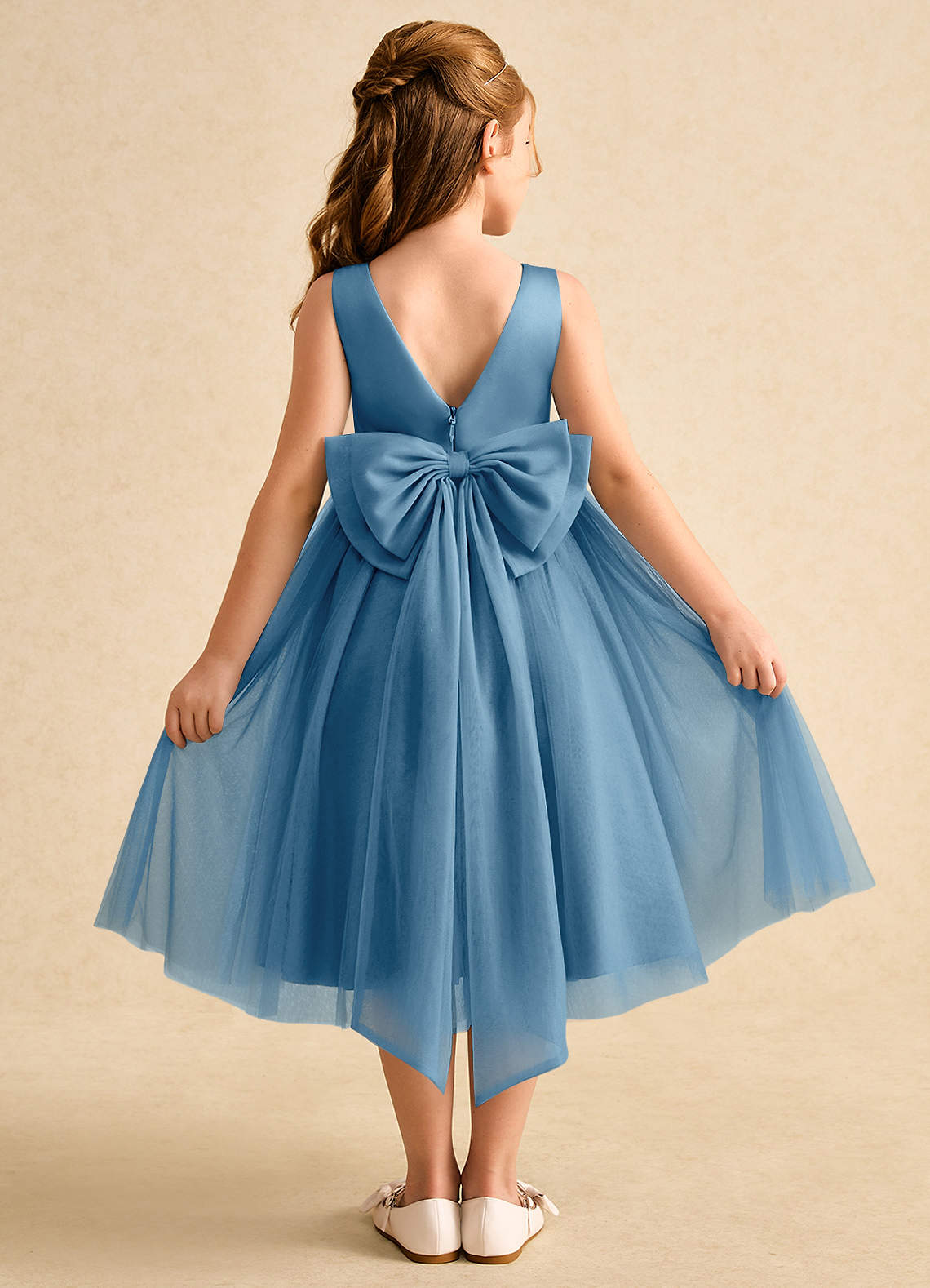 Azazie Winnie Blumenmädchenkleider Ballkleid Schleifen Tüll Kleid Stahlblau image1