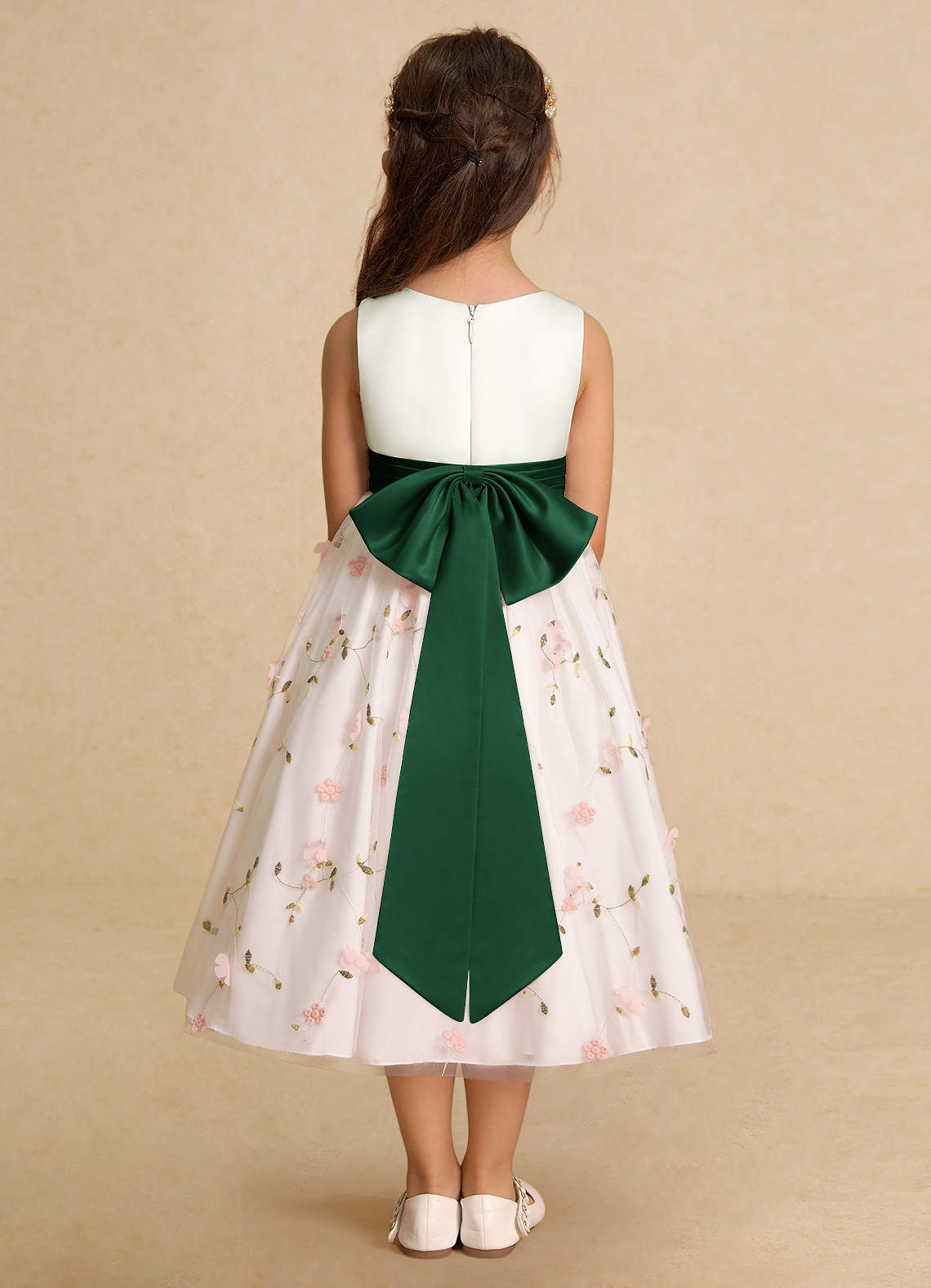 Azazie Pollie Flower Girl Dresses Blushing Pink Dark Green A-Line Bow Tulle Dress image5