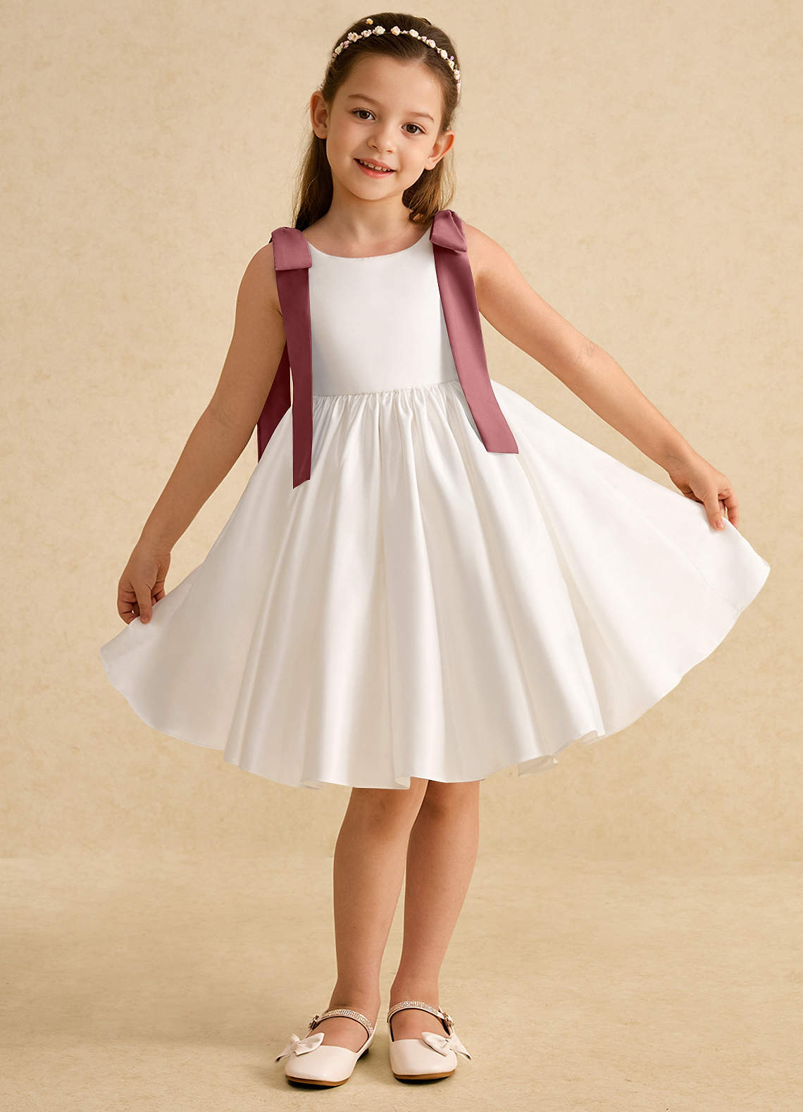 Azazie Stacie Flower Girl Dresses Ivory Amethyst A-Line Bow Matte Satin Dress image1