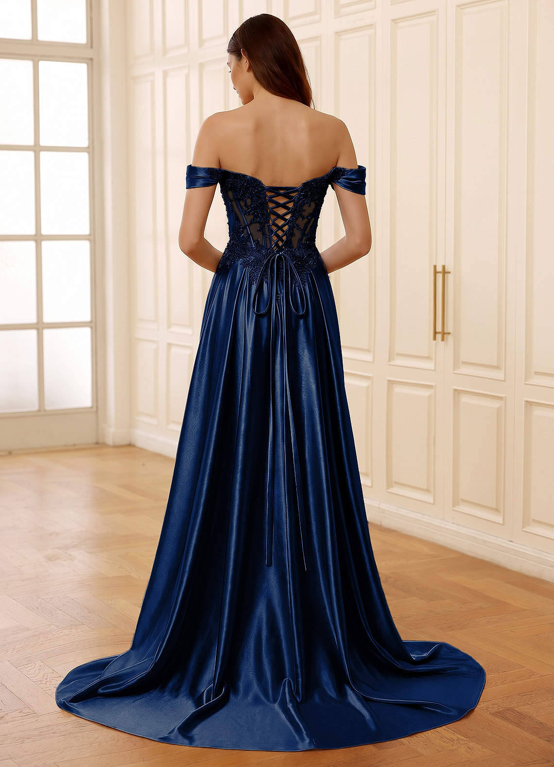 dark blue lace prom dress Dreamyannie Women Navy Prom Dress Off The Shoulder Mermaid Long Lace Formal  Evening Dress – Dreamyannie UK main image 0