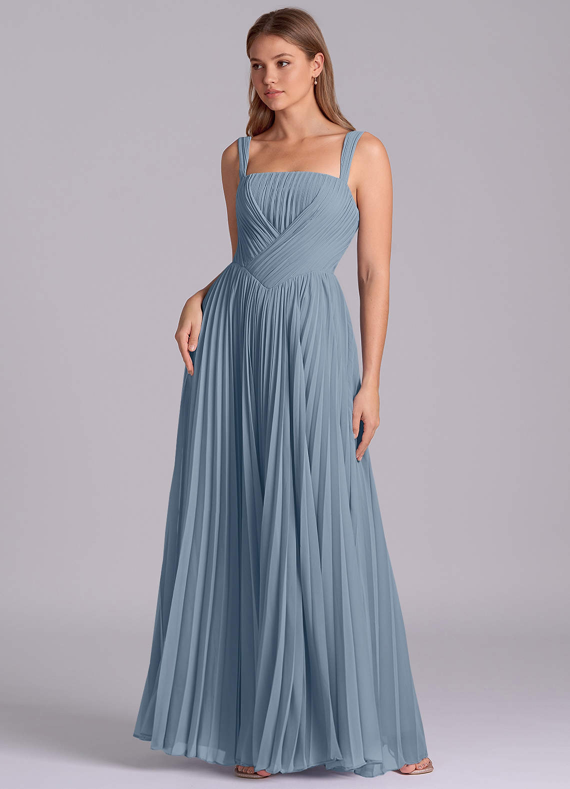 Mina　e/ブルー Azazie Mina Ready to Ship Dusty Blue Chiffon Bridesmaid Dresses