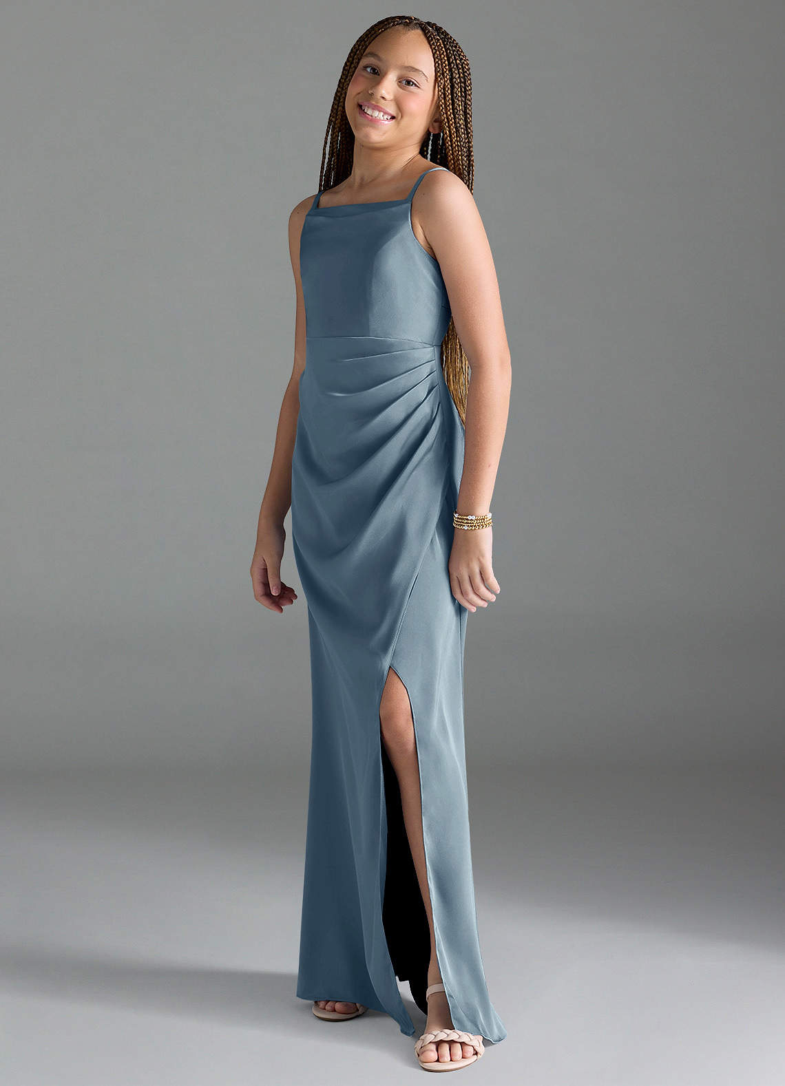 Azazie Leonis Junior Dusty Blue A-Line Pleated Stretch Satin Dress image3