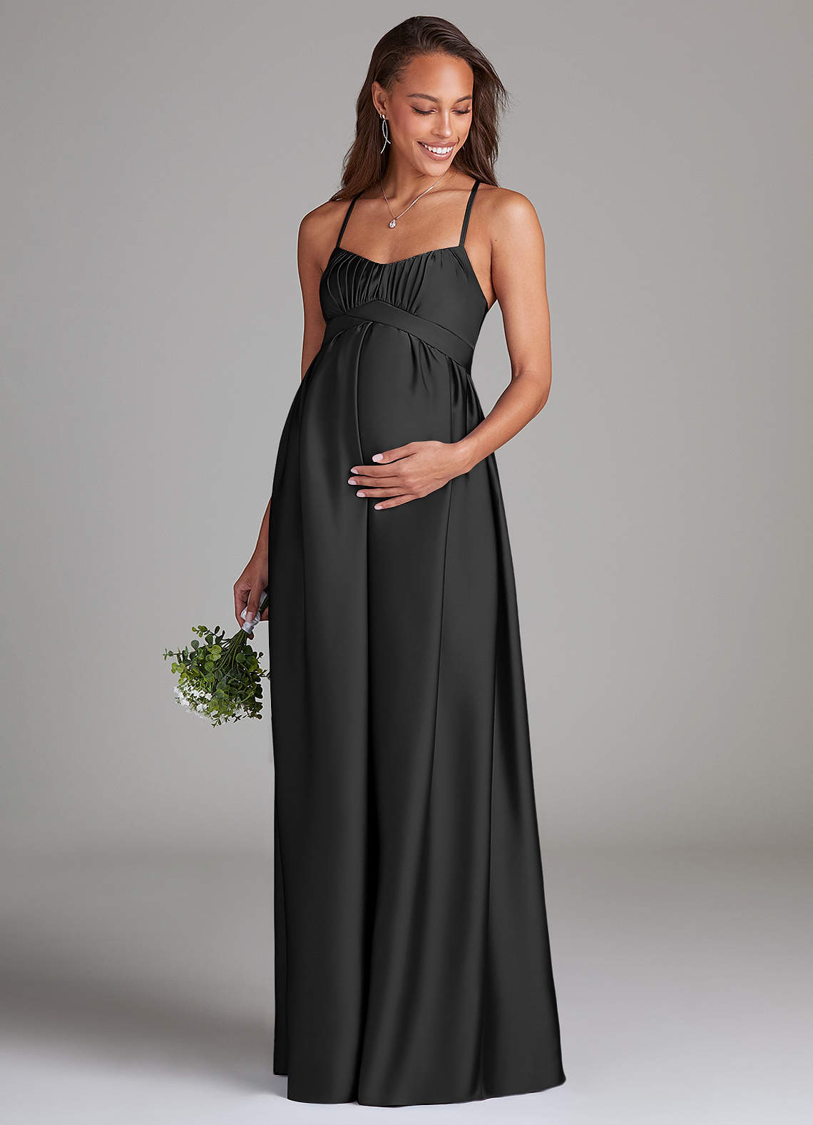 Azazie Llana Maternity Bridesmaid Dresses A-Line Stretch Satin Floor-Length Dress with Pockets image1