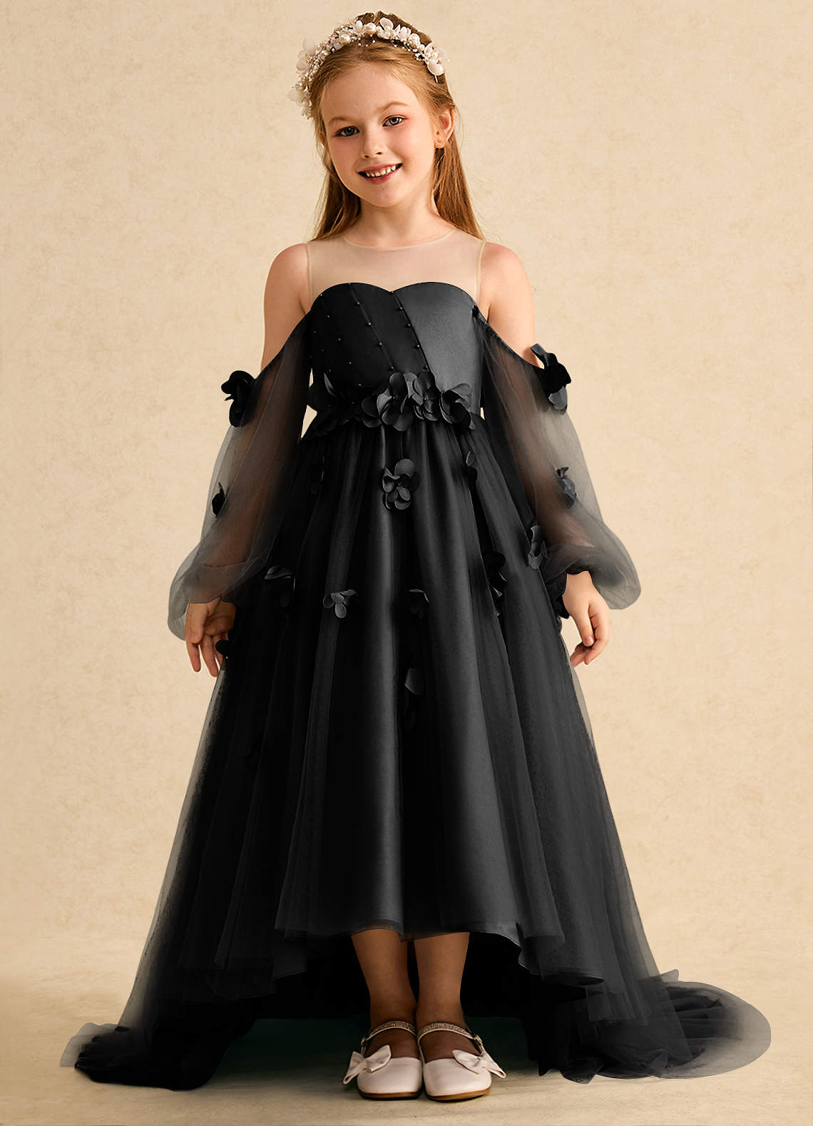 Azazie A-Line/Princess Illusion Ankle-Length Tulle Flower Girl Dresses - Black
