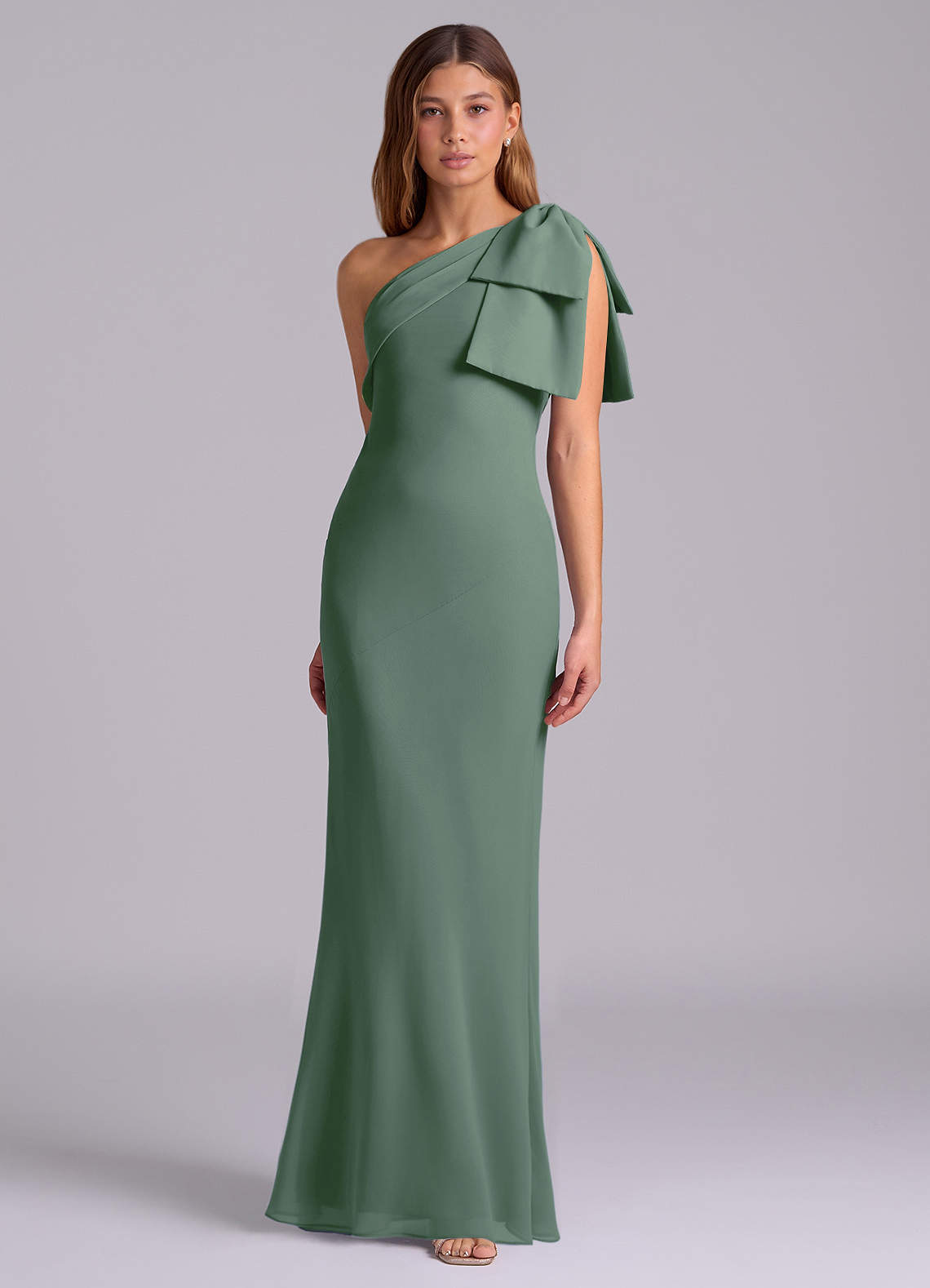 Azazie Yuanna Bridesmaid Dresses Eucalyptus Mermaid One Shoulder Chiffon Dress image4