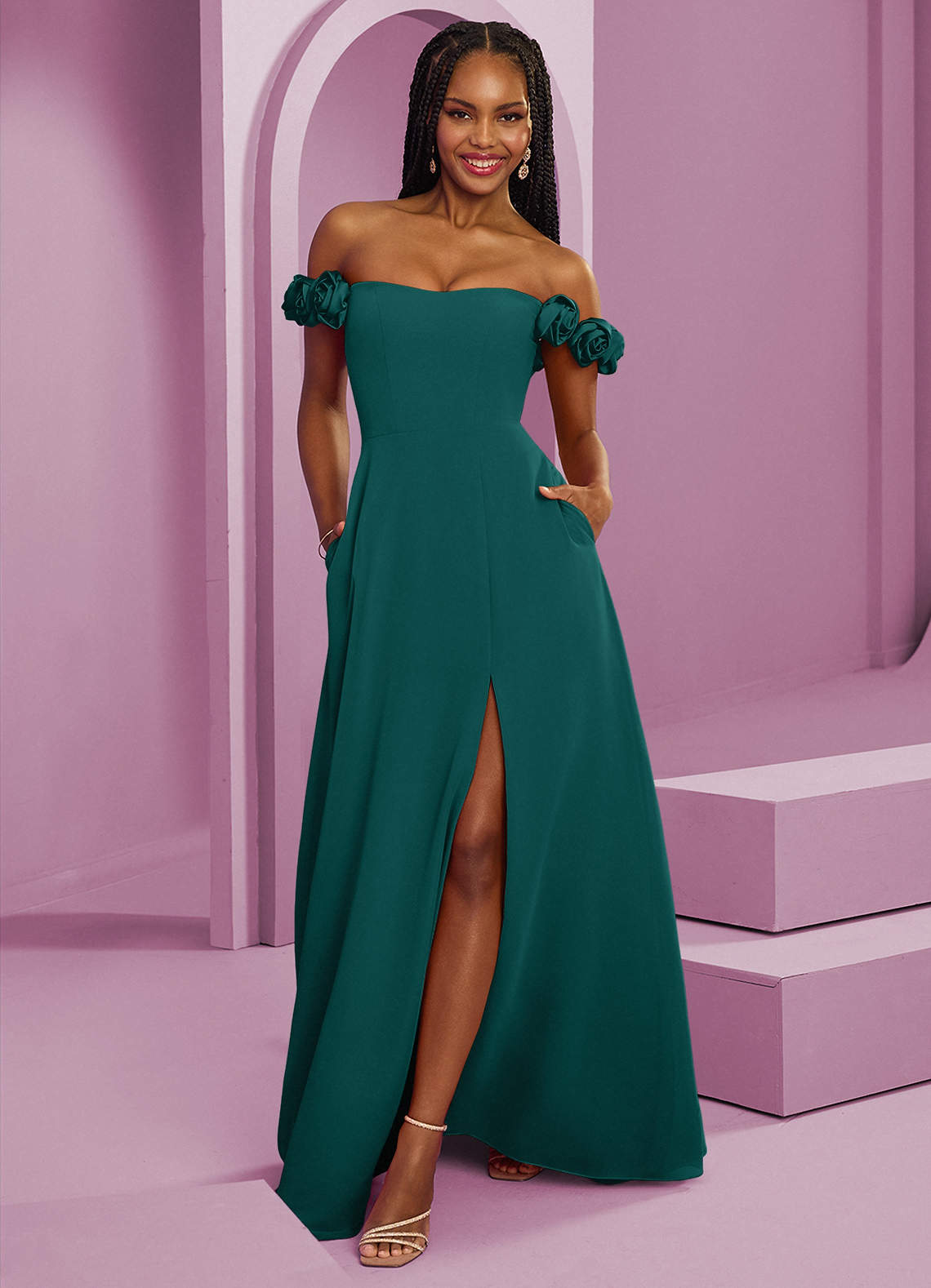Barbie ♥ Azazie Bridesmaid Dresses Peacock A-Line Off the Shoulder Chiffon Convertible Dress image1