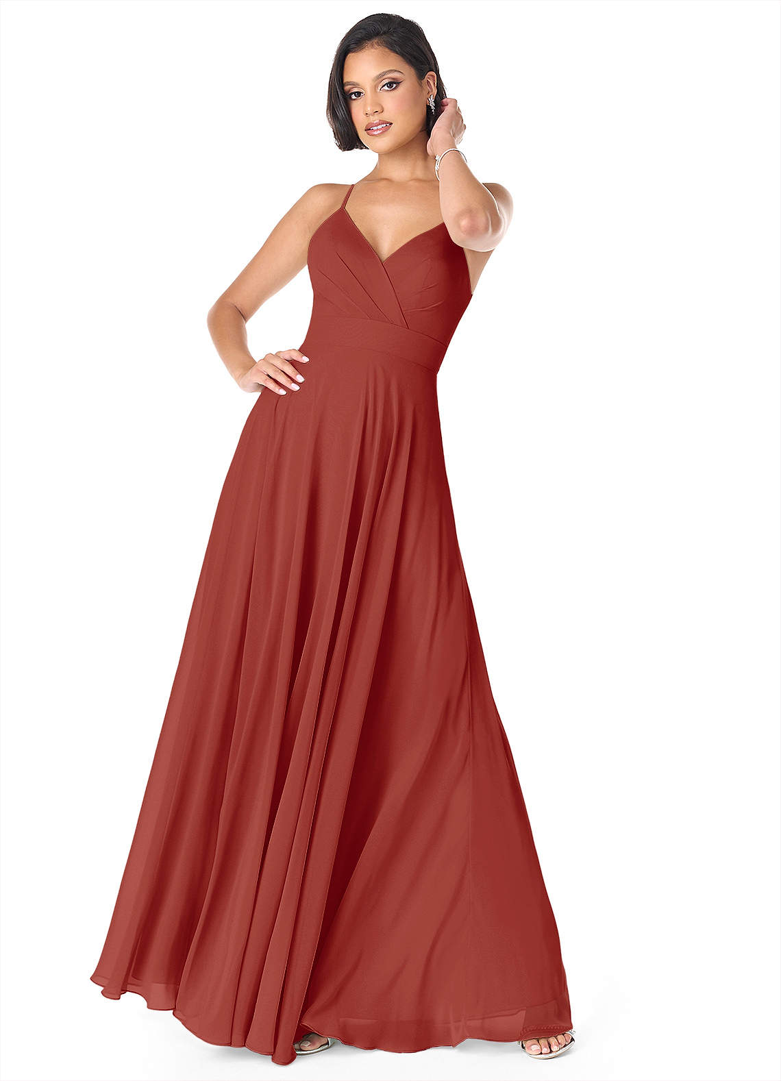 Azazie Avelina Bridesmaid Dresses Terracotta A-Line V-Neck Pleated Chiffon Dress image1