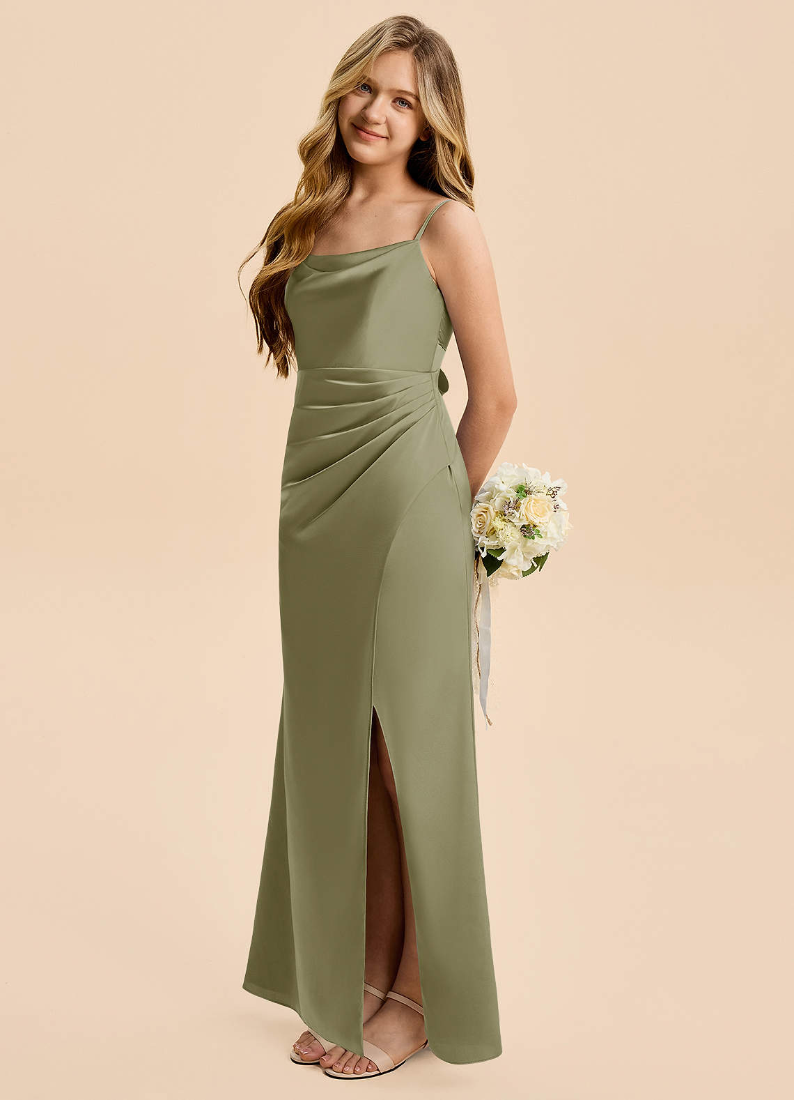 Azazie Christen Junior Pistachio A-Line Pleated Stretch Satin Dress image2