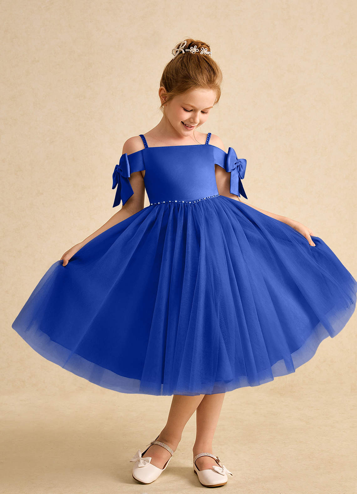 Azazie Amie vestidos de niña de las flores Vestido de Azul Real de Satin Mate de Corte En A con Vestidos sin tirantes image1