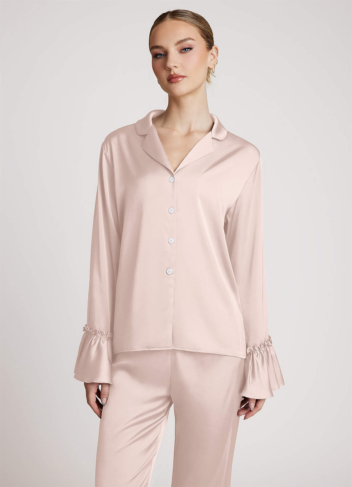 front Lightweight Satin Ruffle Pajama Set