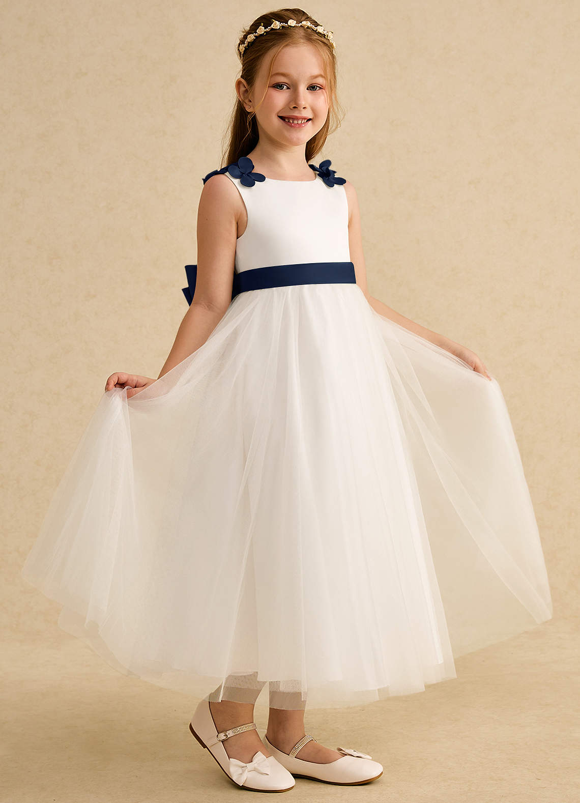 Azazie Lilli Flower Girl Dresses Ivory Dark Navy A-Line Bow Tulle Dress image1