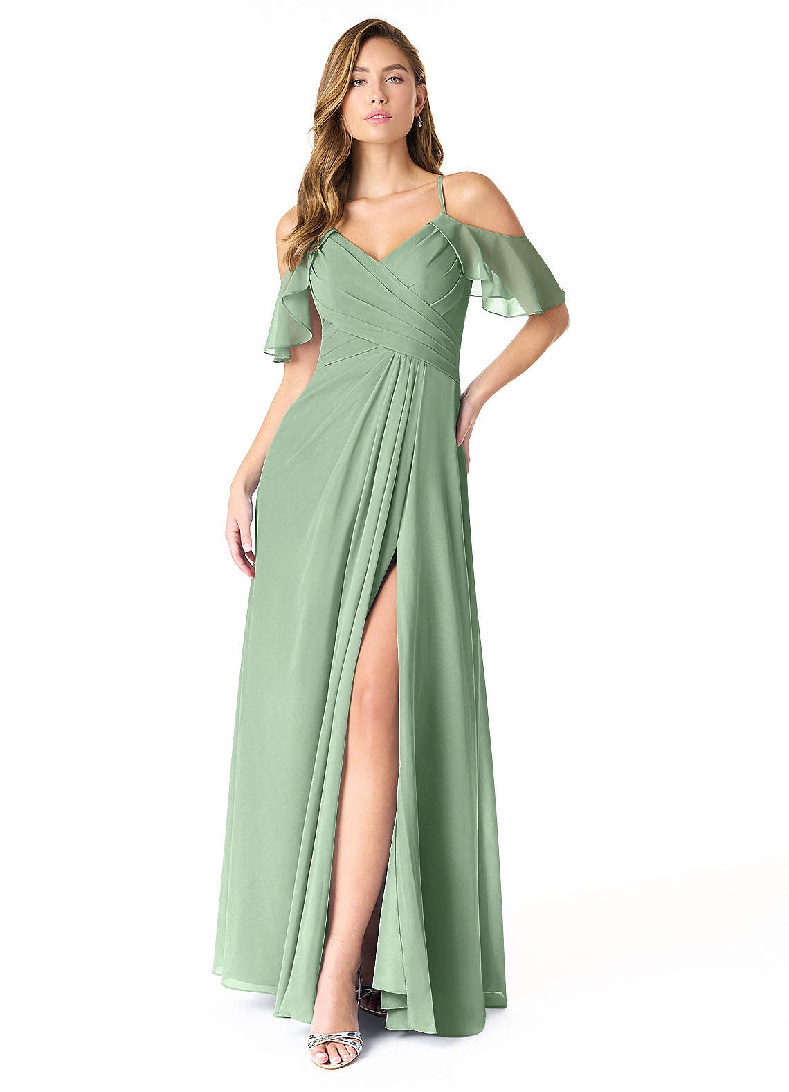 Azazie Dakota Bridesmaid Dresses Matcha A-Line V-Neck Pleated Chiffon Dress image1