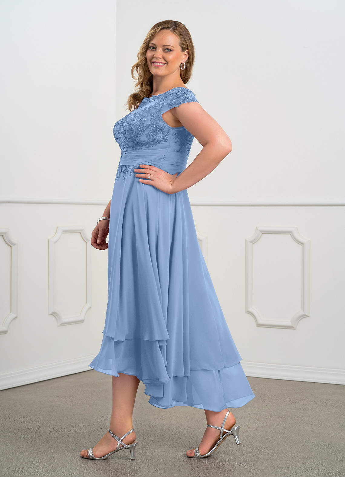 Azazie Shonda Steel Blue Lace Chiffon Dress | Azazie