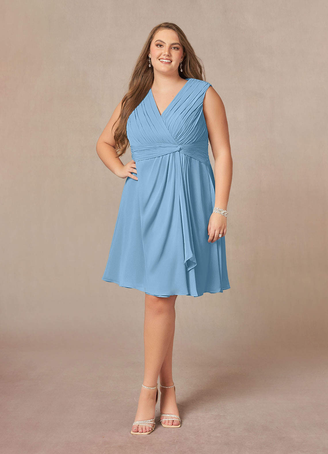 Azazie Theron Kleider für die Brautmutter A-Linie V-Hals Gefaltet Chiffon Kleid Stahlblau image1