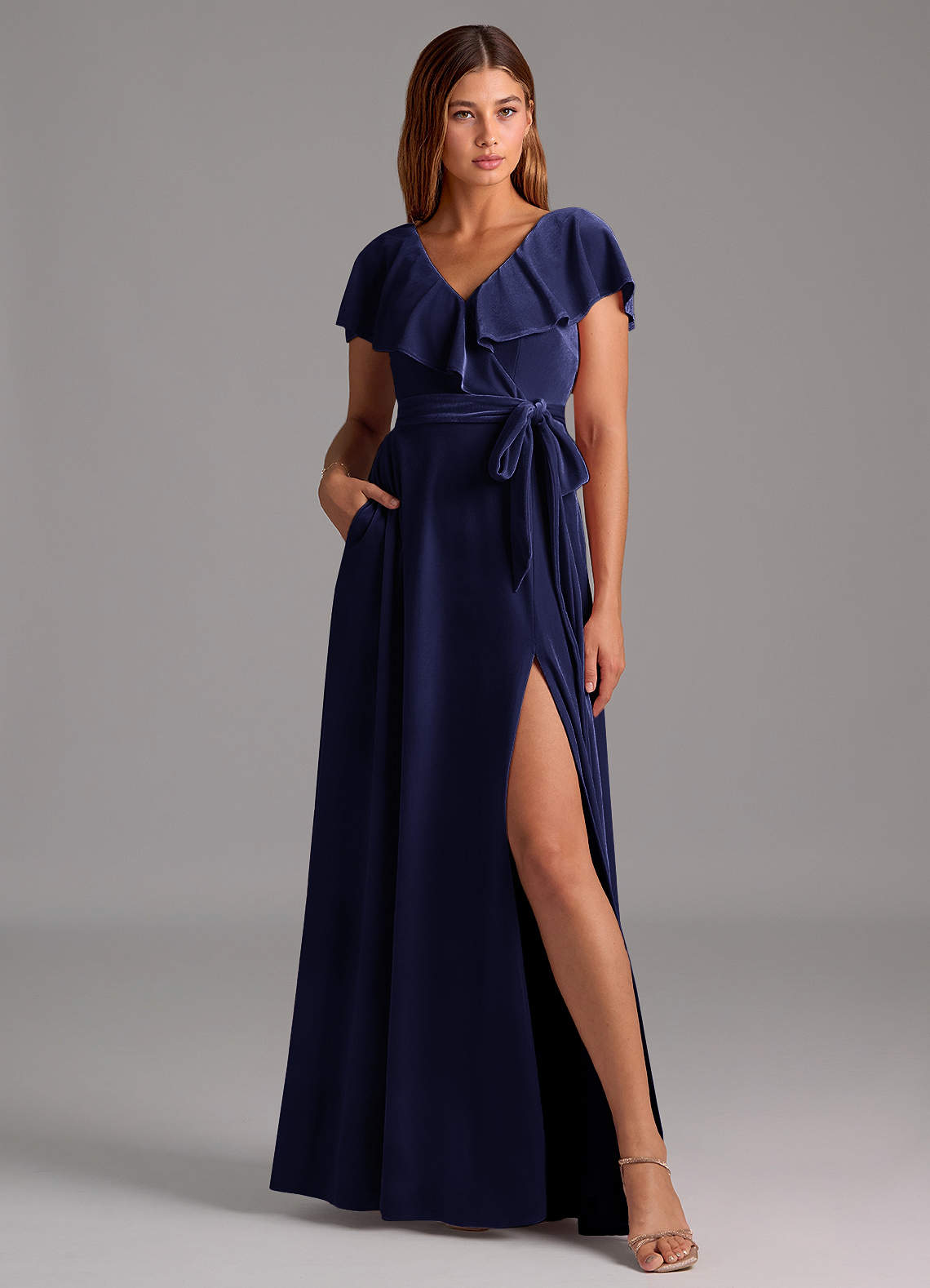 Azazie Lainey Bridesmaid Dresses Dark Navy A-Line Ruched Velvet Dress image1