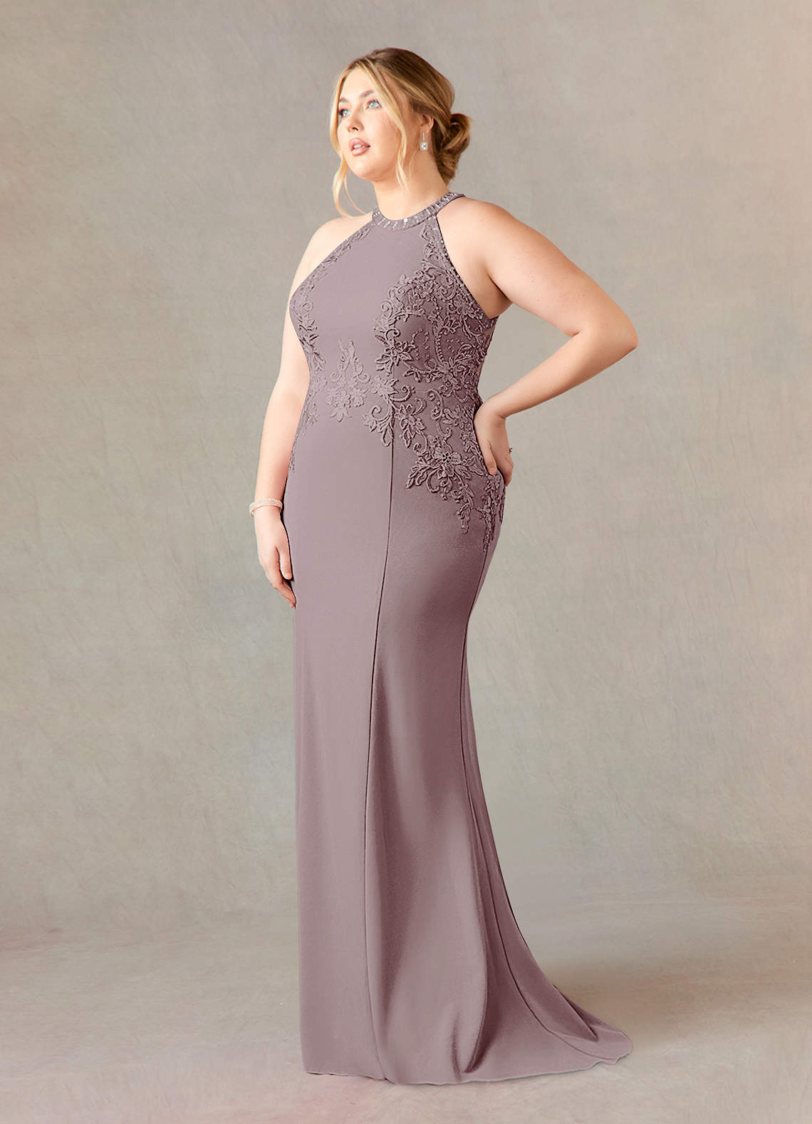 Azazie Tyra Mother of the Bride Dresses Vintage Mauve Mermaid Halter Lace Stretch Crepe Dress image7