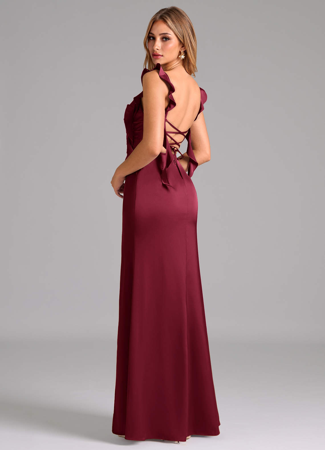 Azazie Jessamine Bridesmaid Dresses Burgundy Sheath Corset Stretch Satin Dress image1